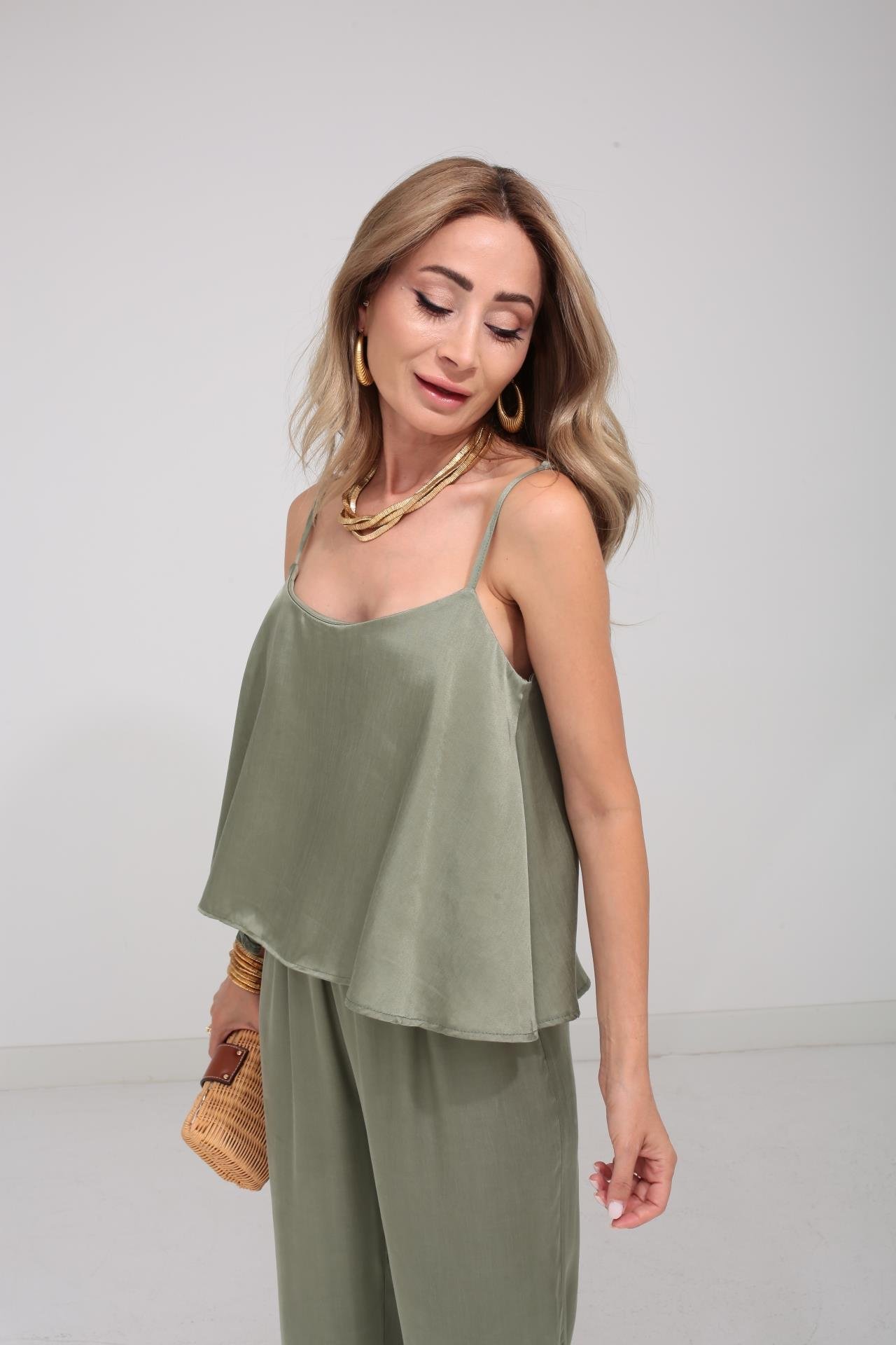 Askılı Tensel Kumaş Haki Bluz Pantolon TAKIM | NO33