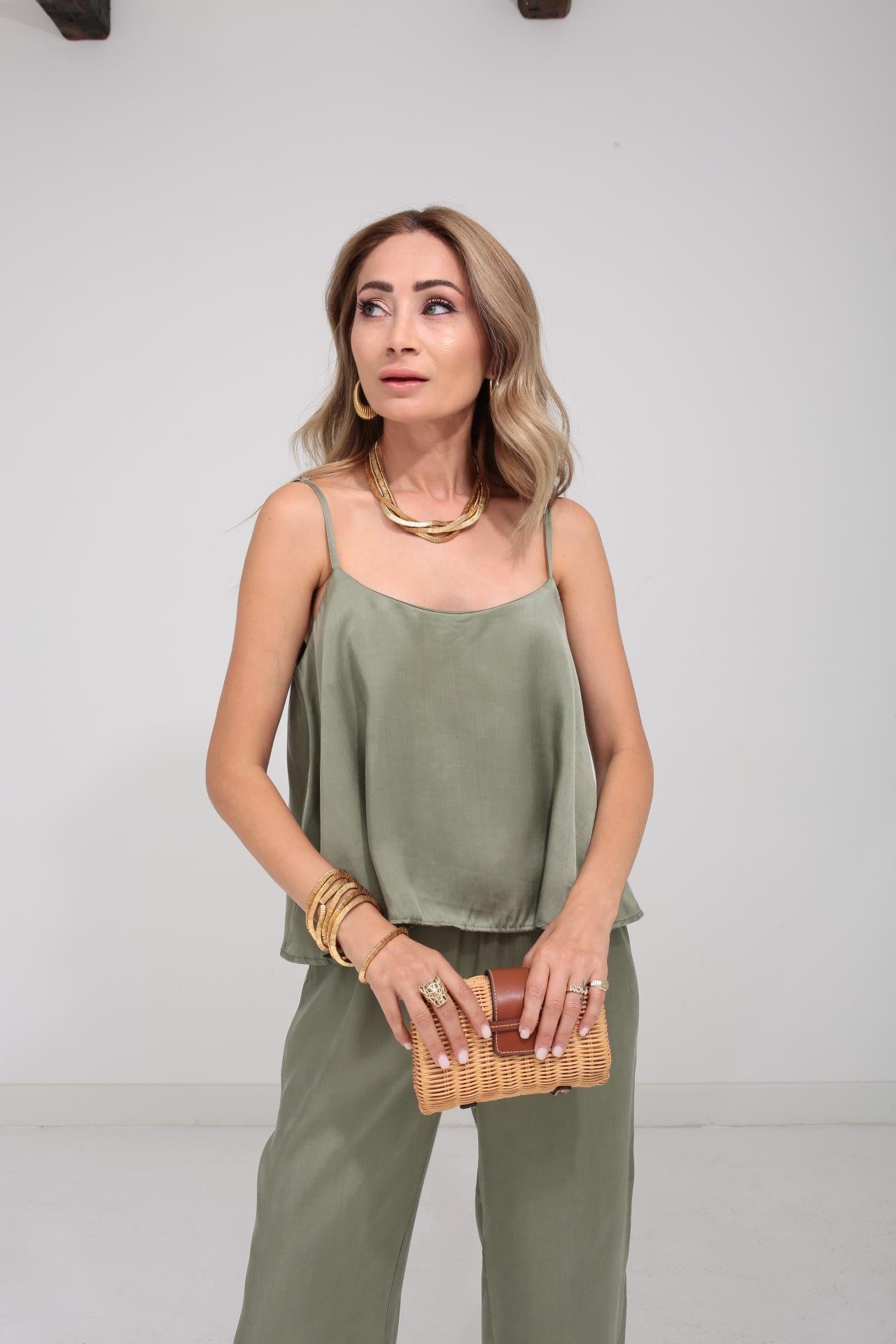 Askılı Tensel Kumaş Haki Bluz Pantolon TAKIM | NO33