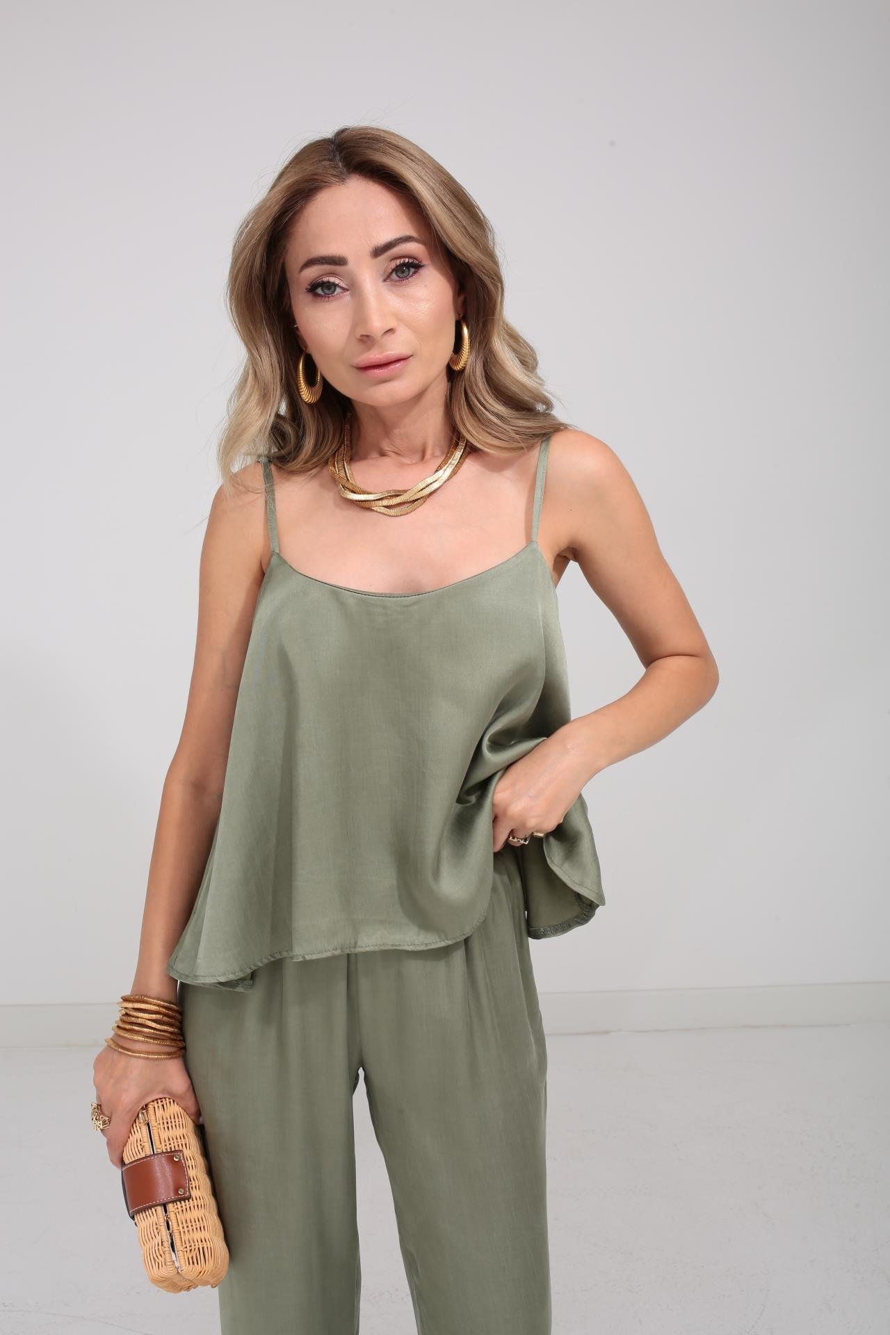 Askılı Tensel Kumaş Haki Bluz Pantolon TAKIM | NO33