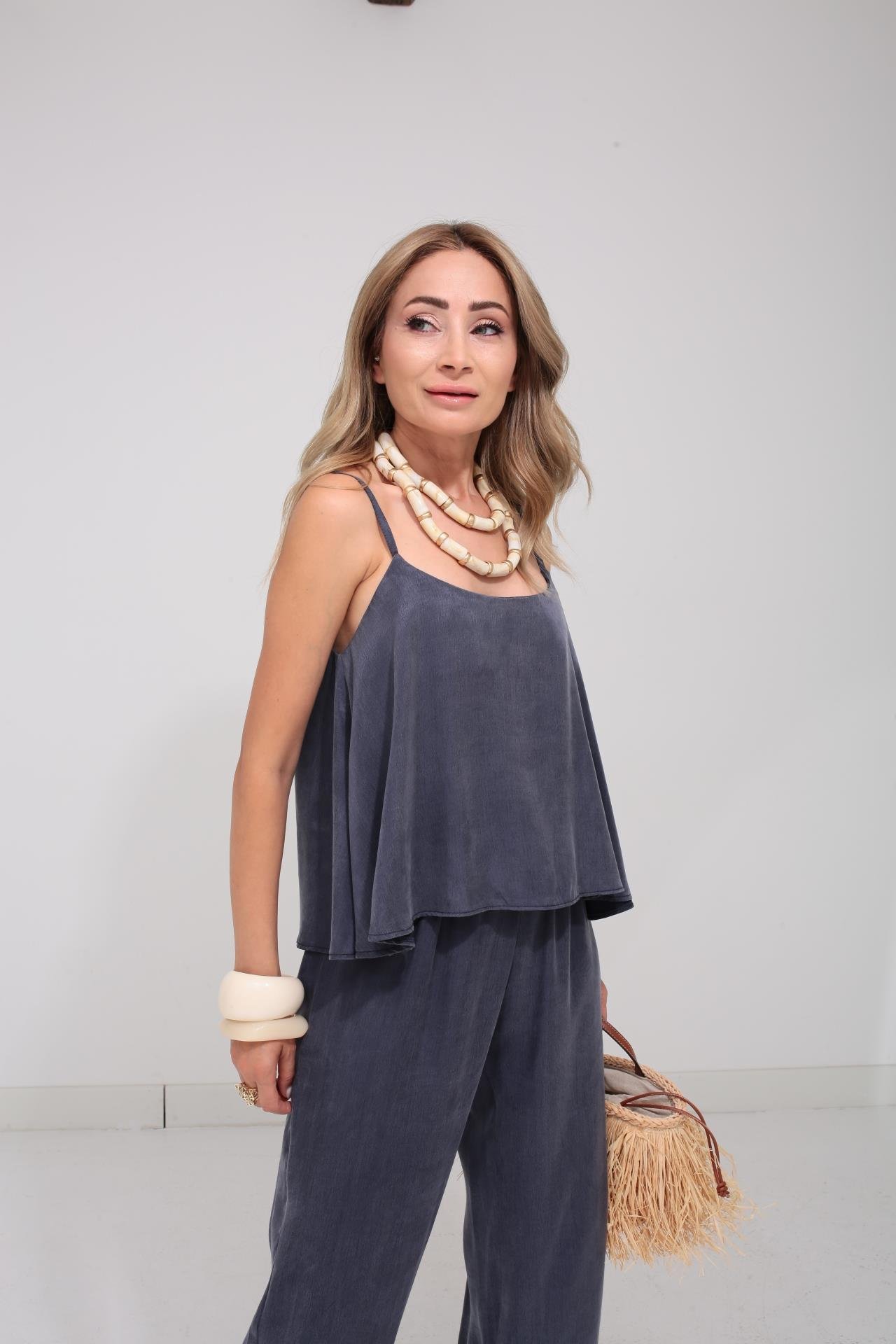 Askılı Tensel Kumaş Lacivert Bluz Pantolon TAKIM | NO33