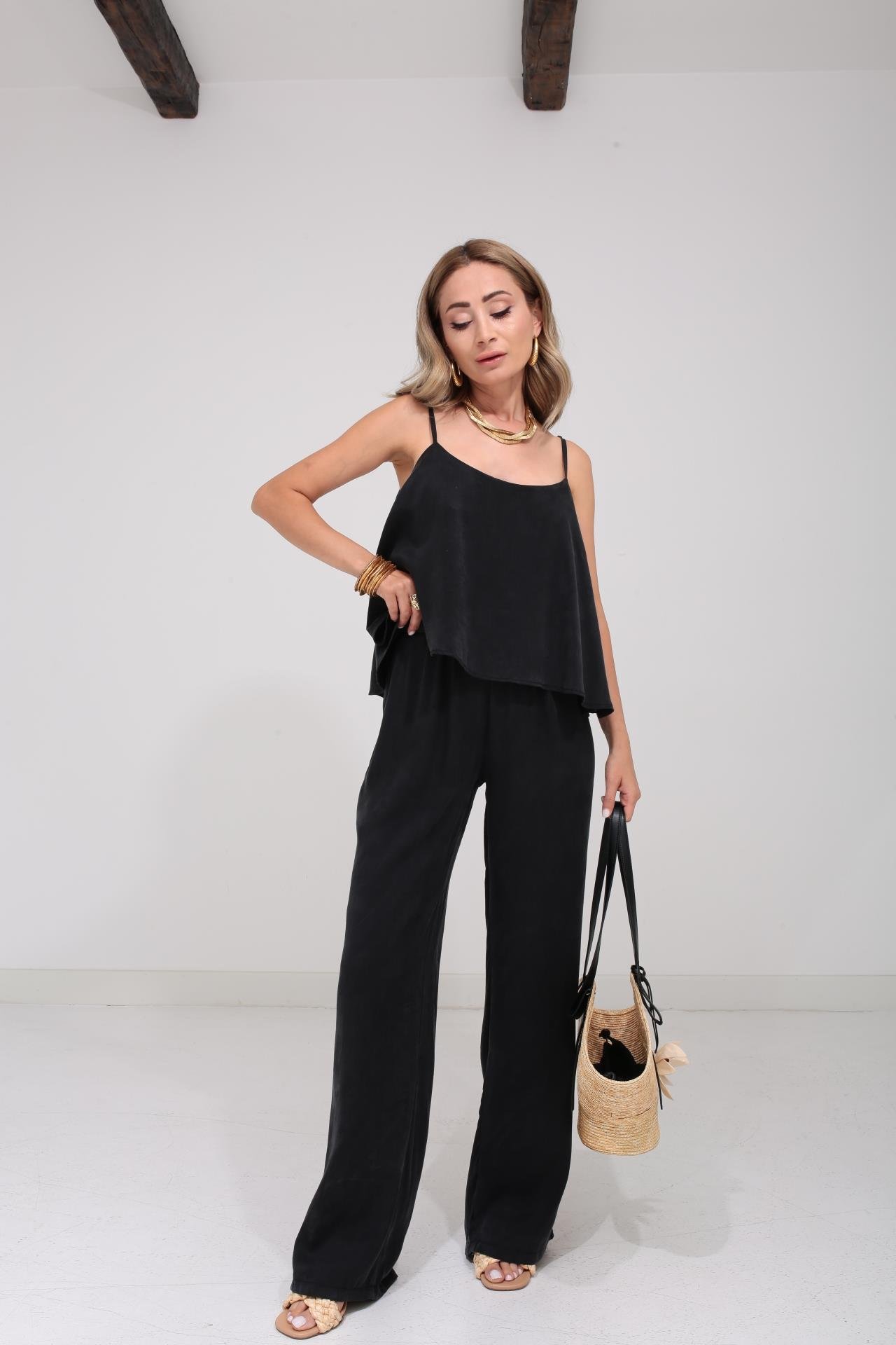 Askılı Tensel Kumaş Siyah Bluz Pantolon TAKIM | NO33