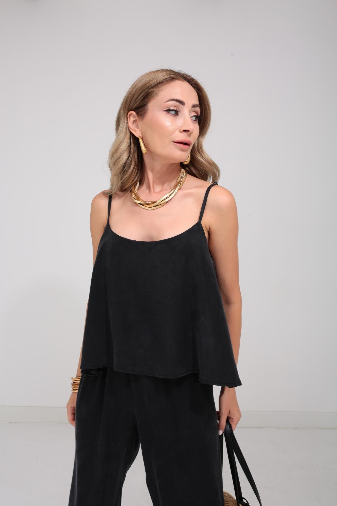 Askılı Tensel Kumaş Siyah Bluz Pantolon TAKIM | NO33