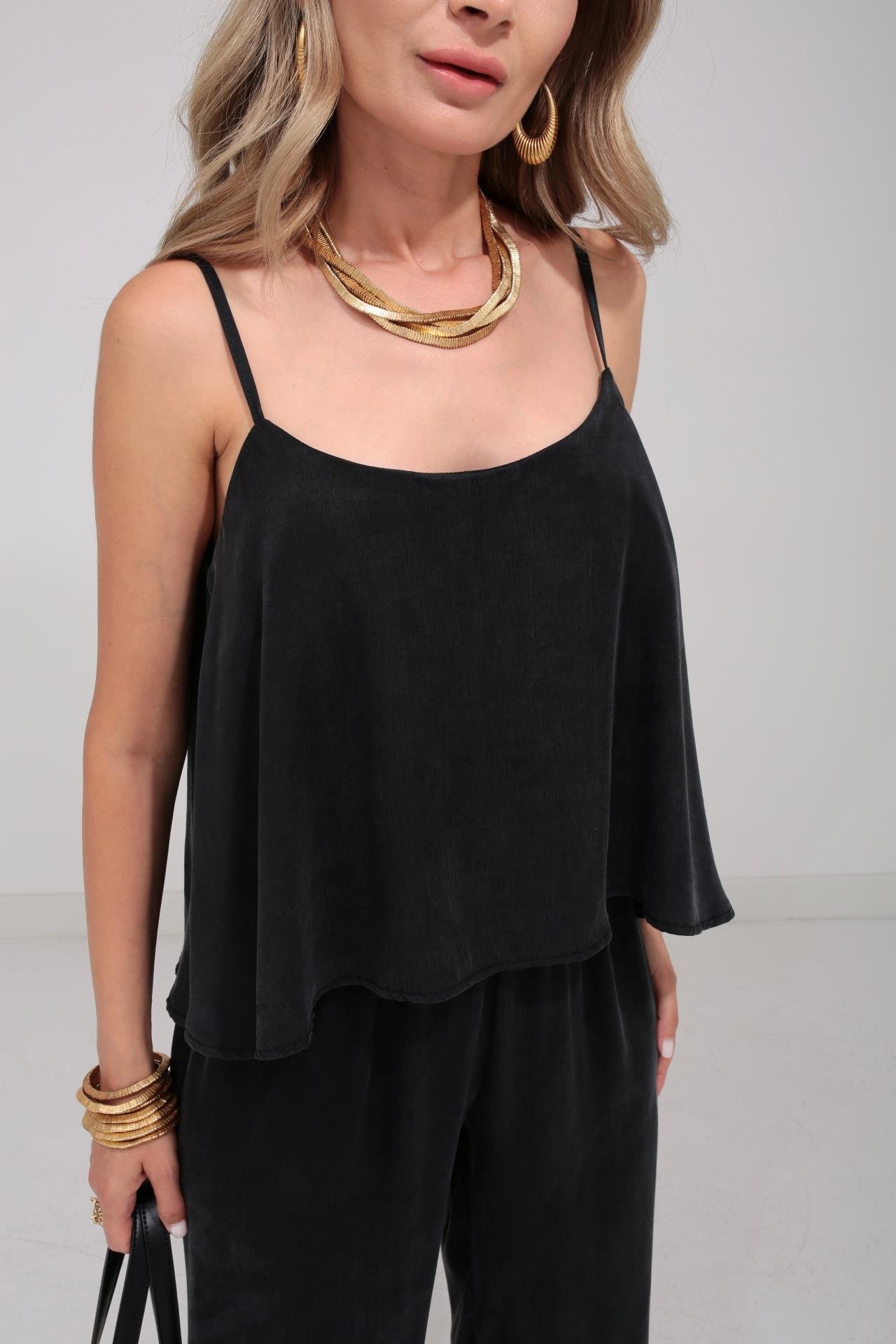 Askılı Tensel Kumaş Siyah Bluz Pantolon TAKIM | NO33