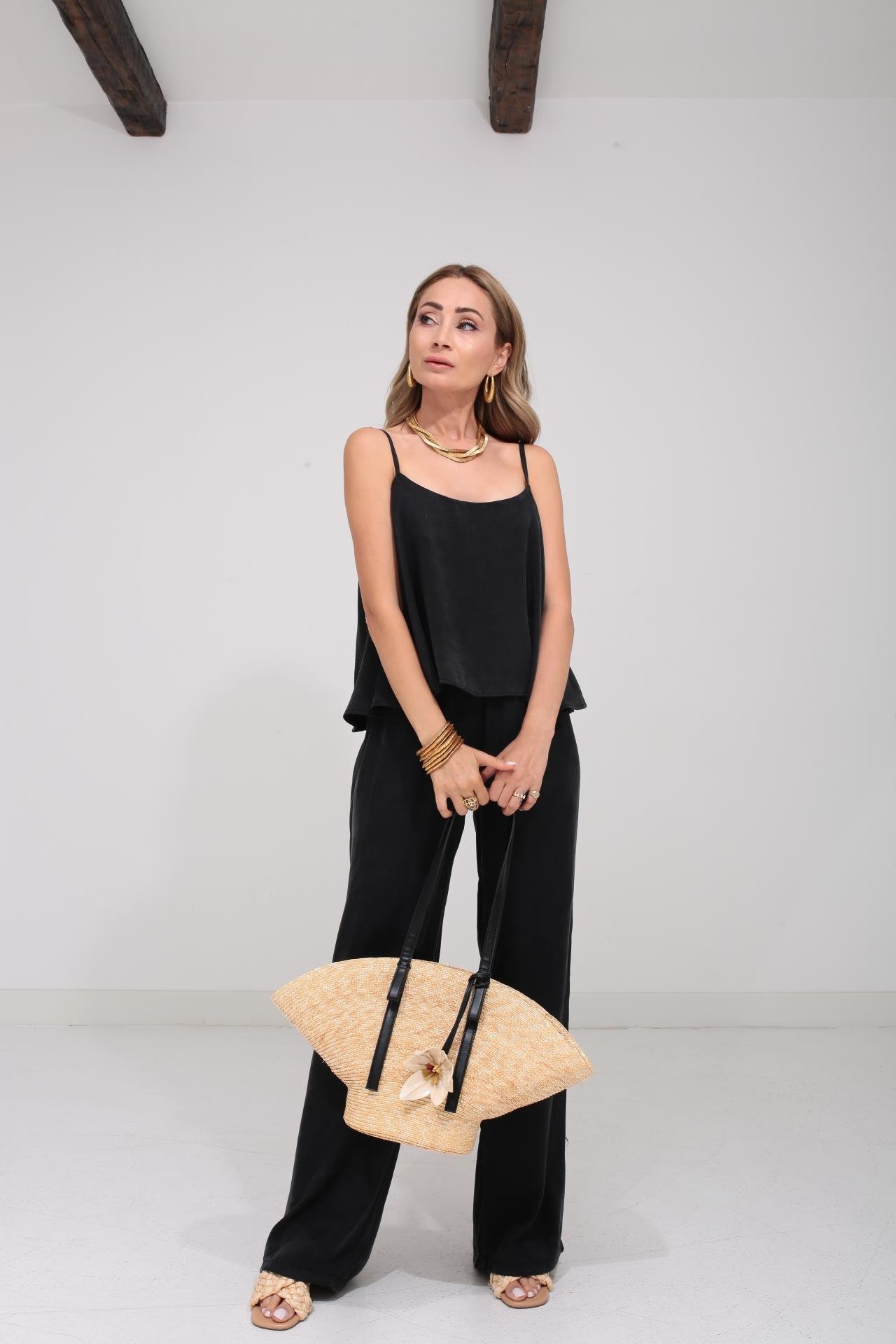 Askılı Tensel Kumaş Siyah Bluz Pantolon TAKIM | NO33