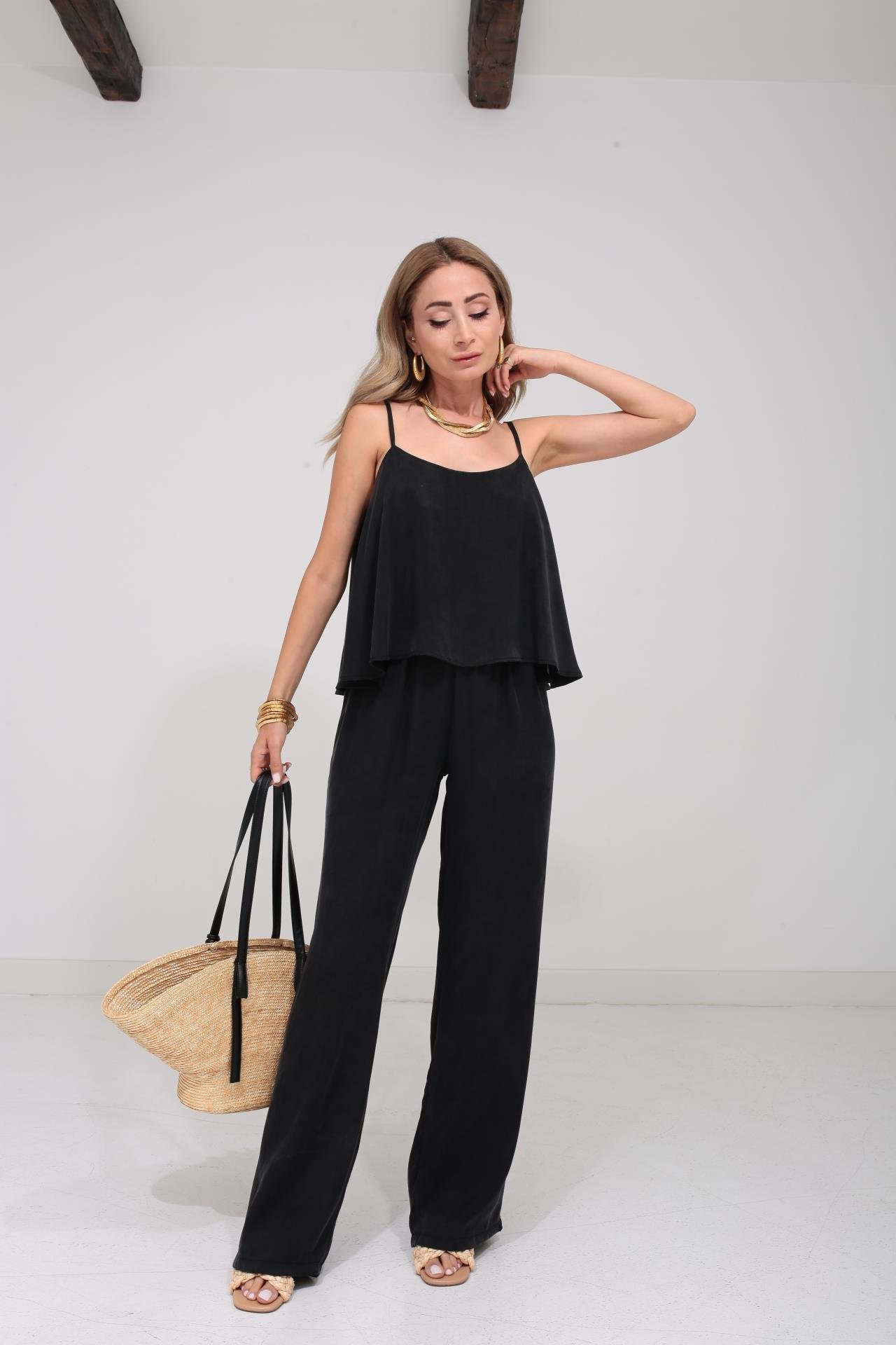 Askılı Tensel Kumaş Siyah Bluz Pantolon TAKIM | NO33