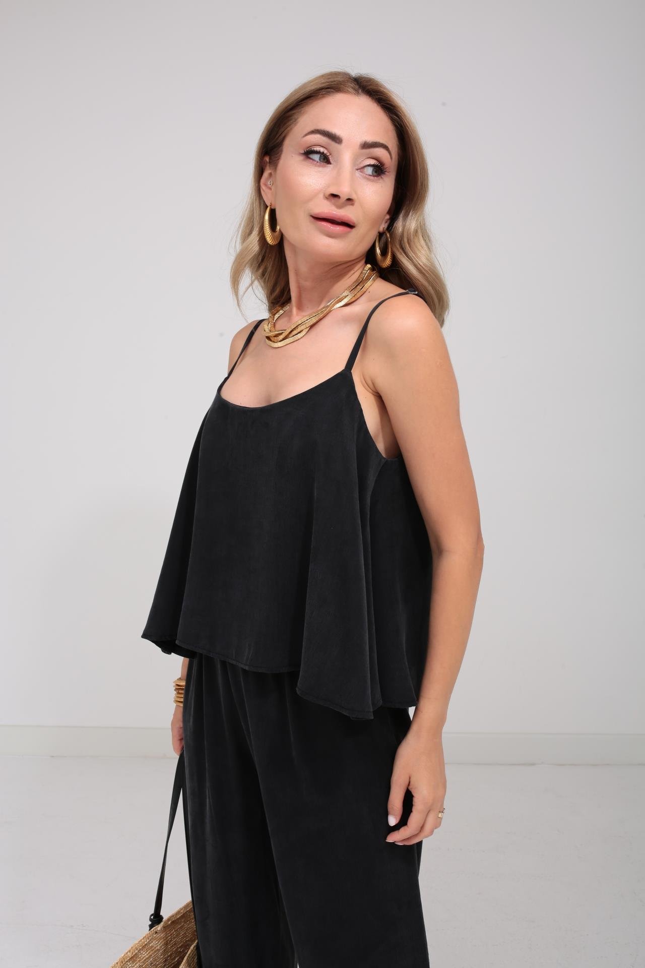 Askılı Tensel Kumaş Siyah Bluz Pantolon TAKIM | NO33