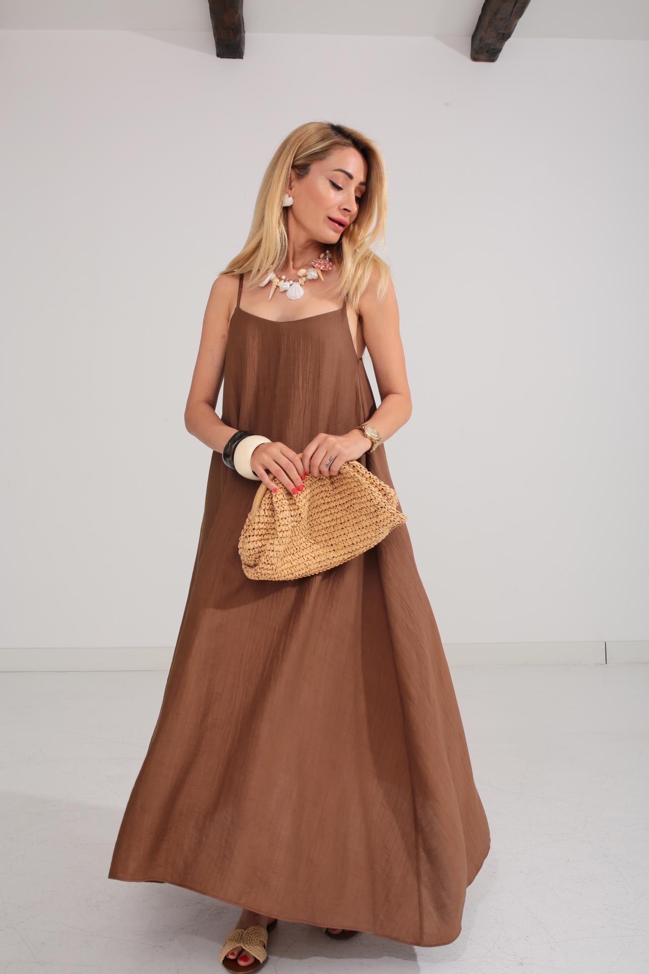 Askısı Ayarlanabilir Kahve Uzun Elbise ELBİSE | NO33