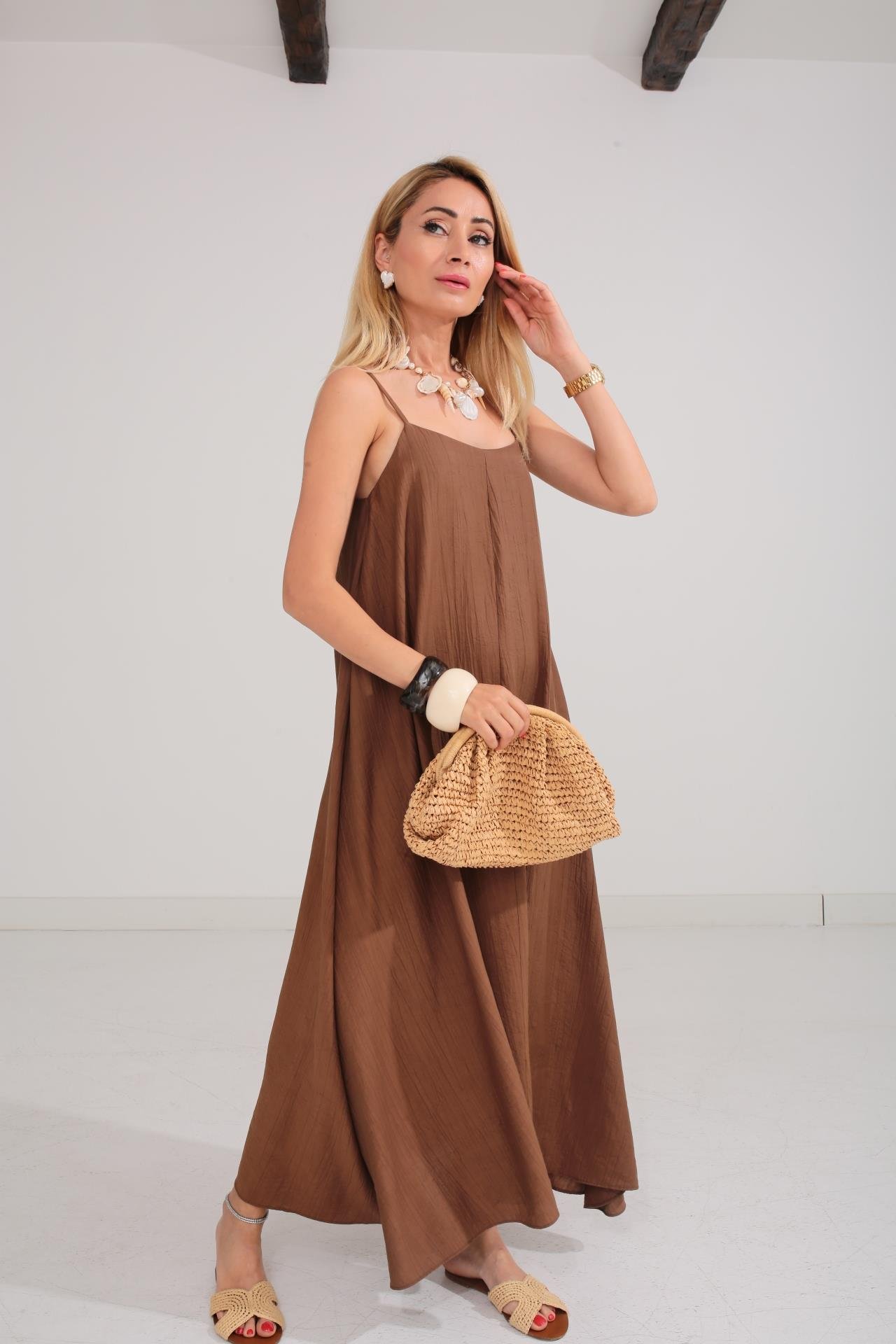 Askısı Ayarlanabilir Kahve Uzun Elbise ELBİSE | NO33
