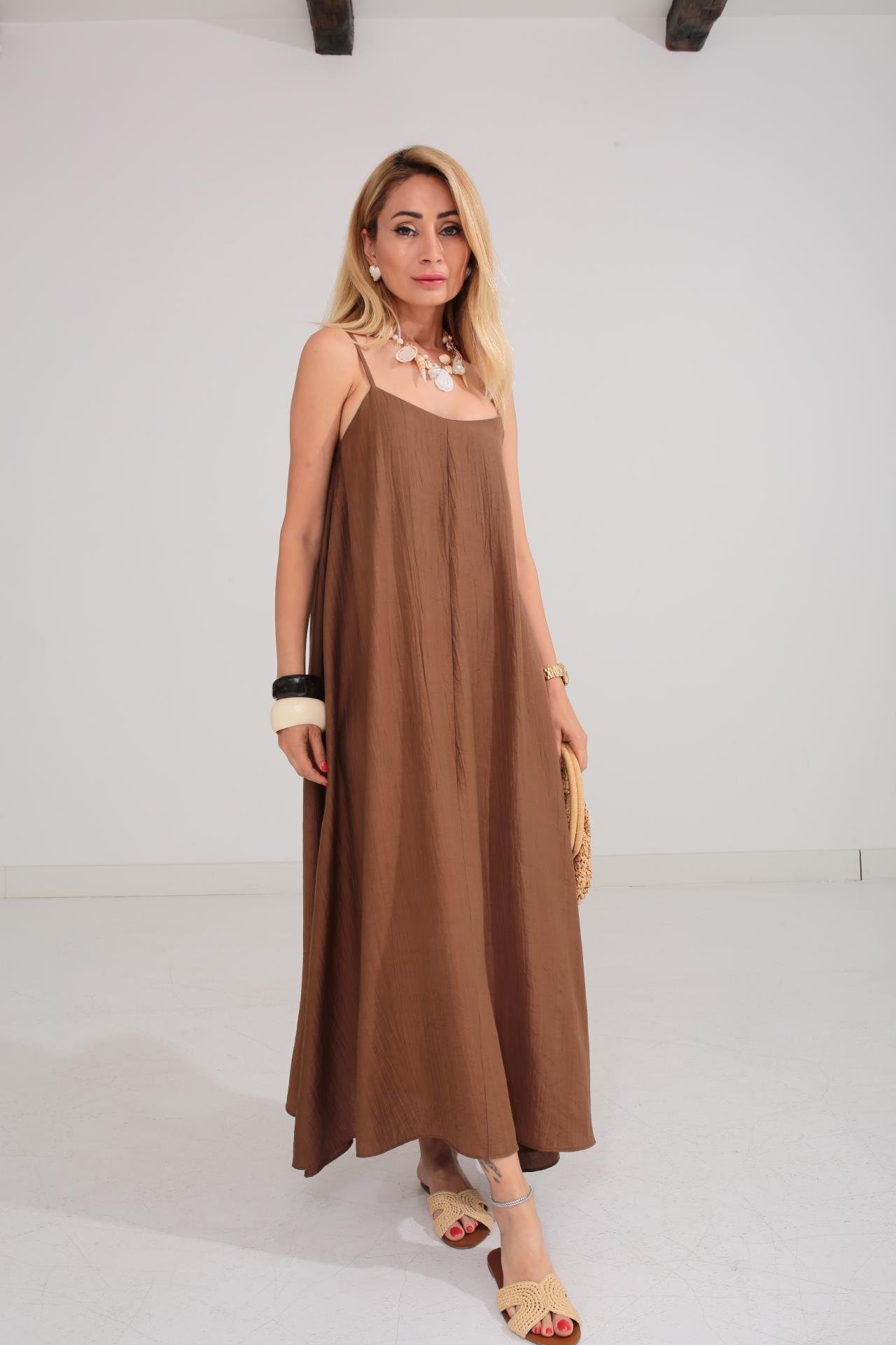 Askısı Ayarlanabilir Kahve Uzun Elbise ELBİSE | NO33