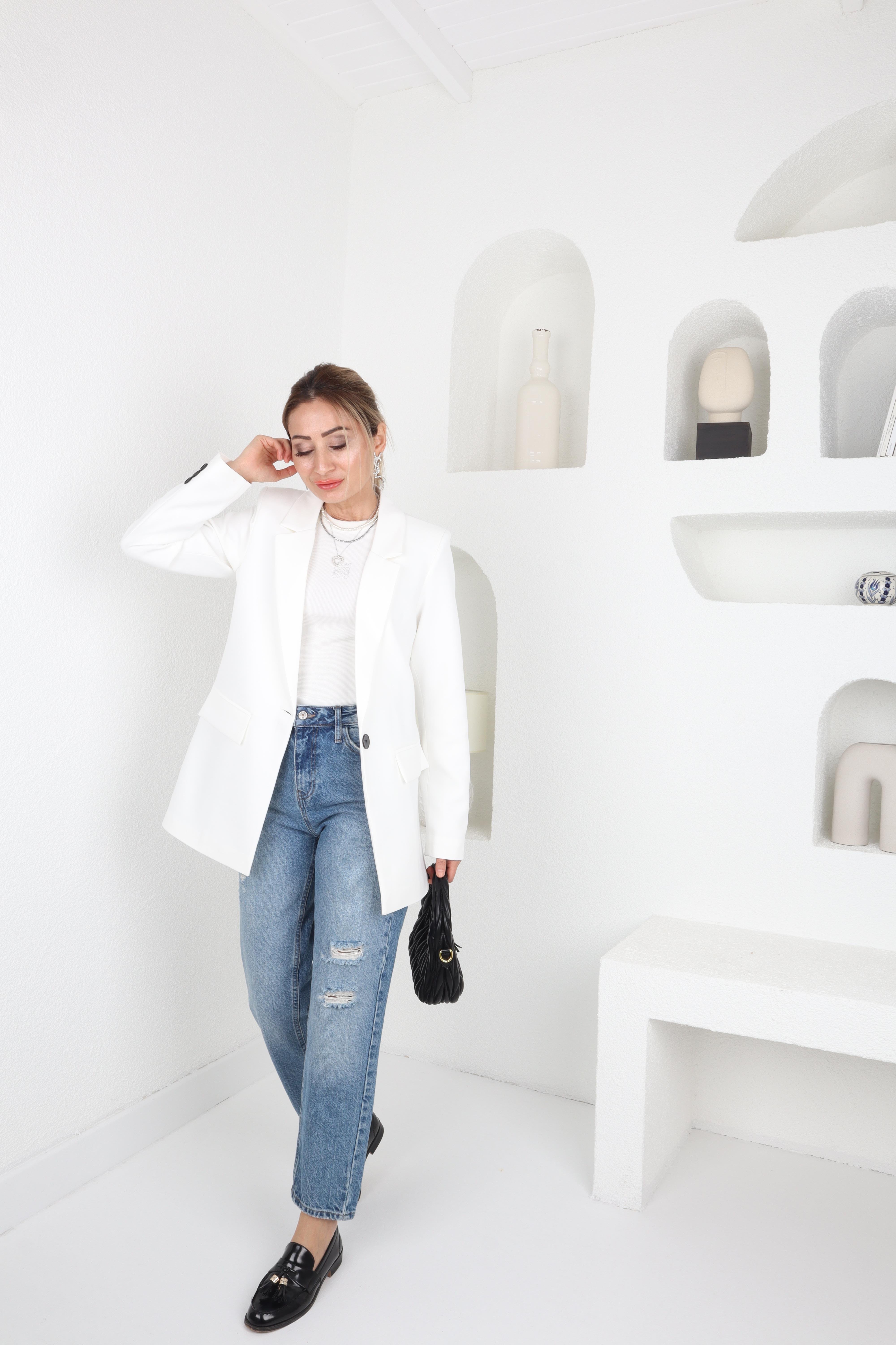 Atlas Tek Düğme Beyaz Blazer Ceket CEKET