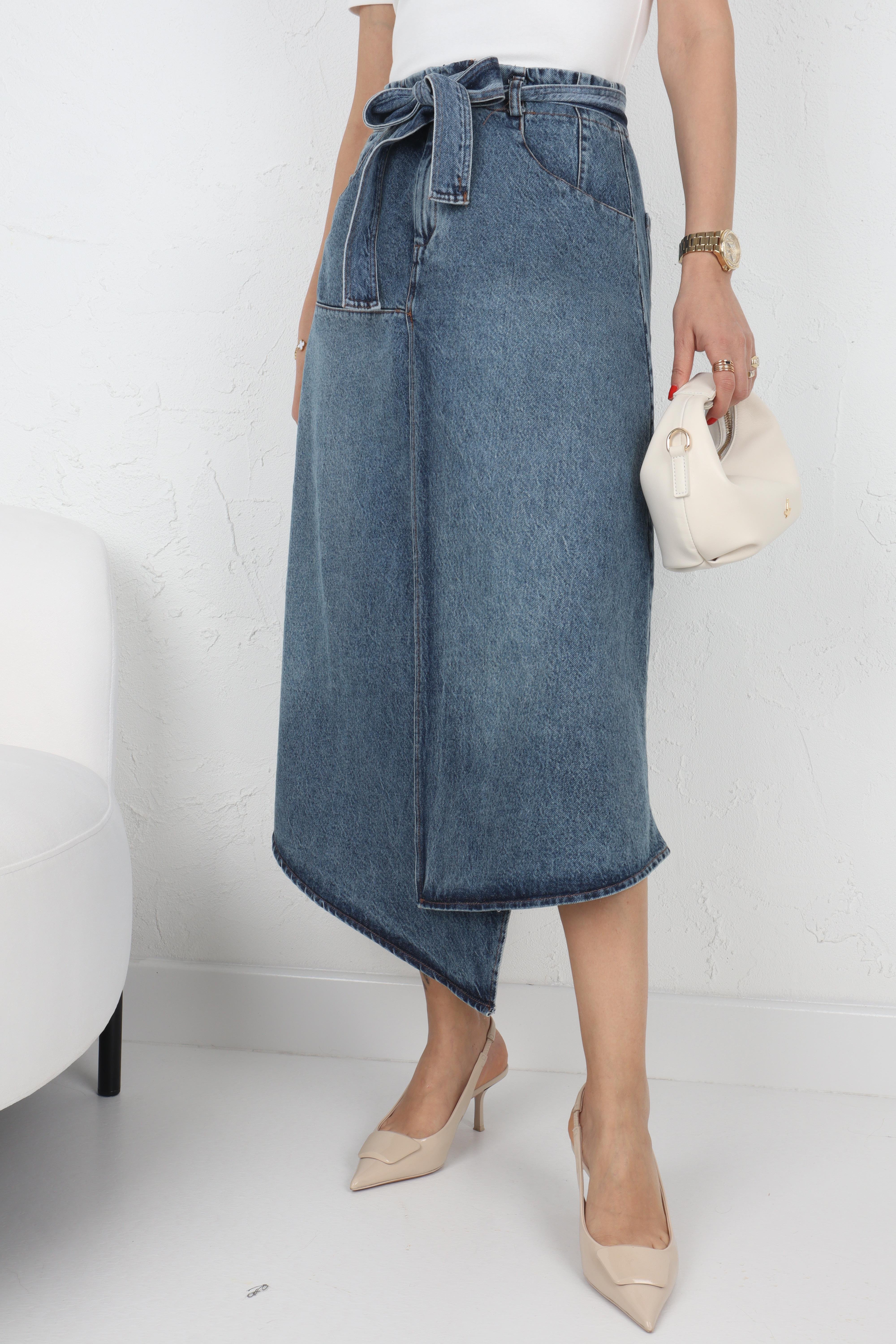 Bağlamalı Beli Lastikli Asimetrik Denim Etek ETEK
