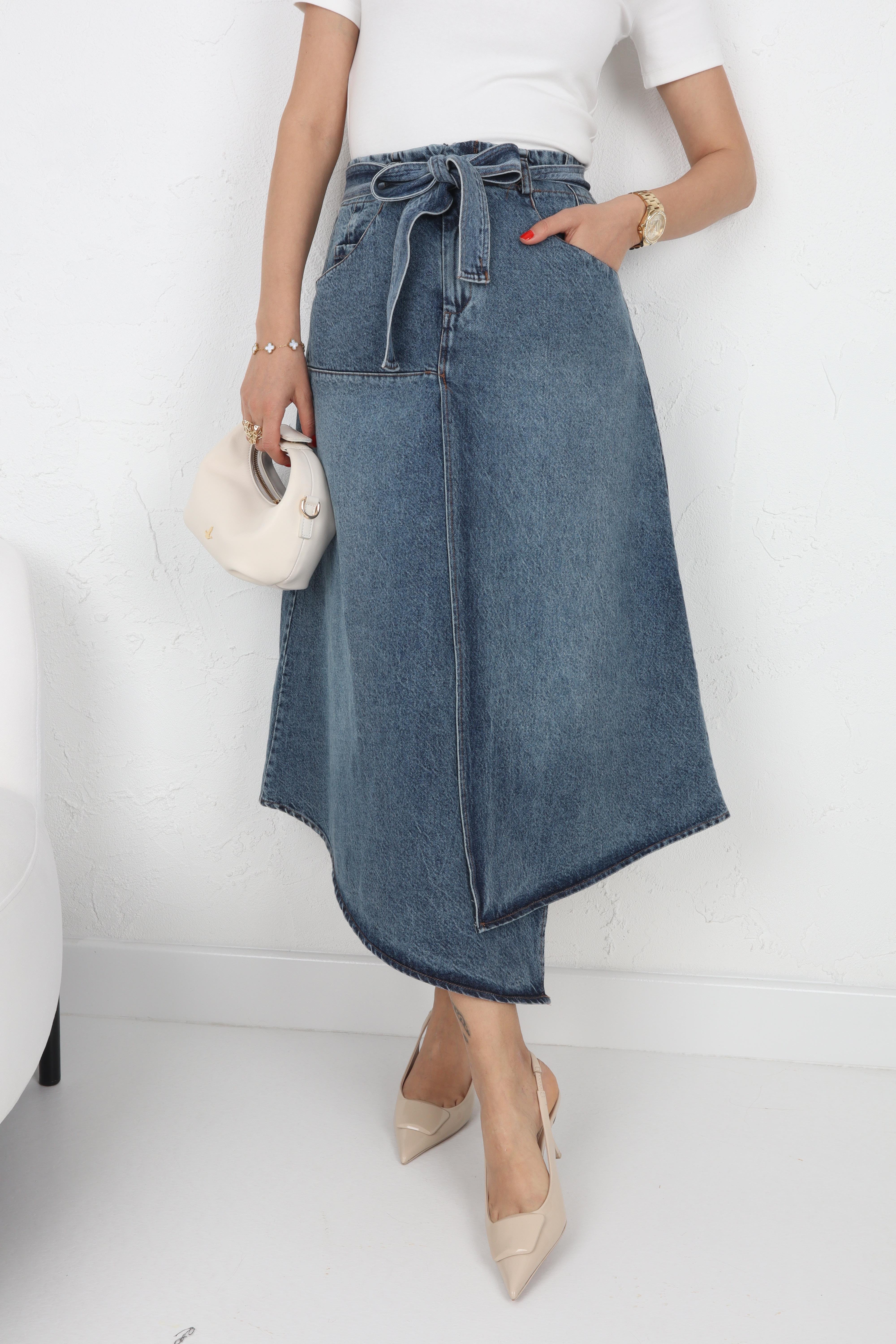Bağlamalı Beli Lastikli Asimetrik Denim Etek ETEK