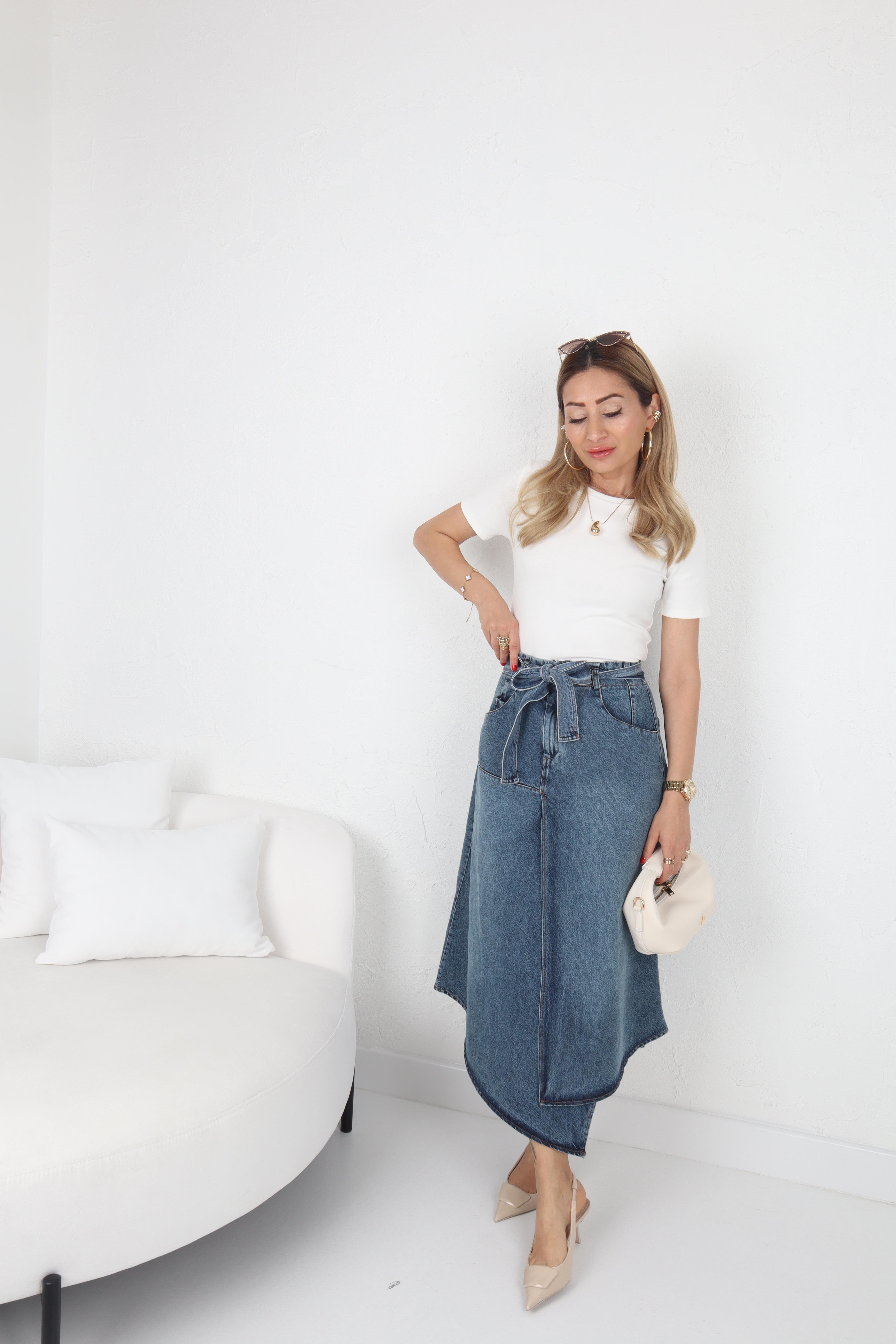 Bağlamalı Beli Lastikli Asimetrik Denim Etek ETEK