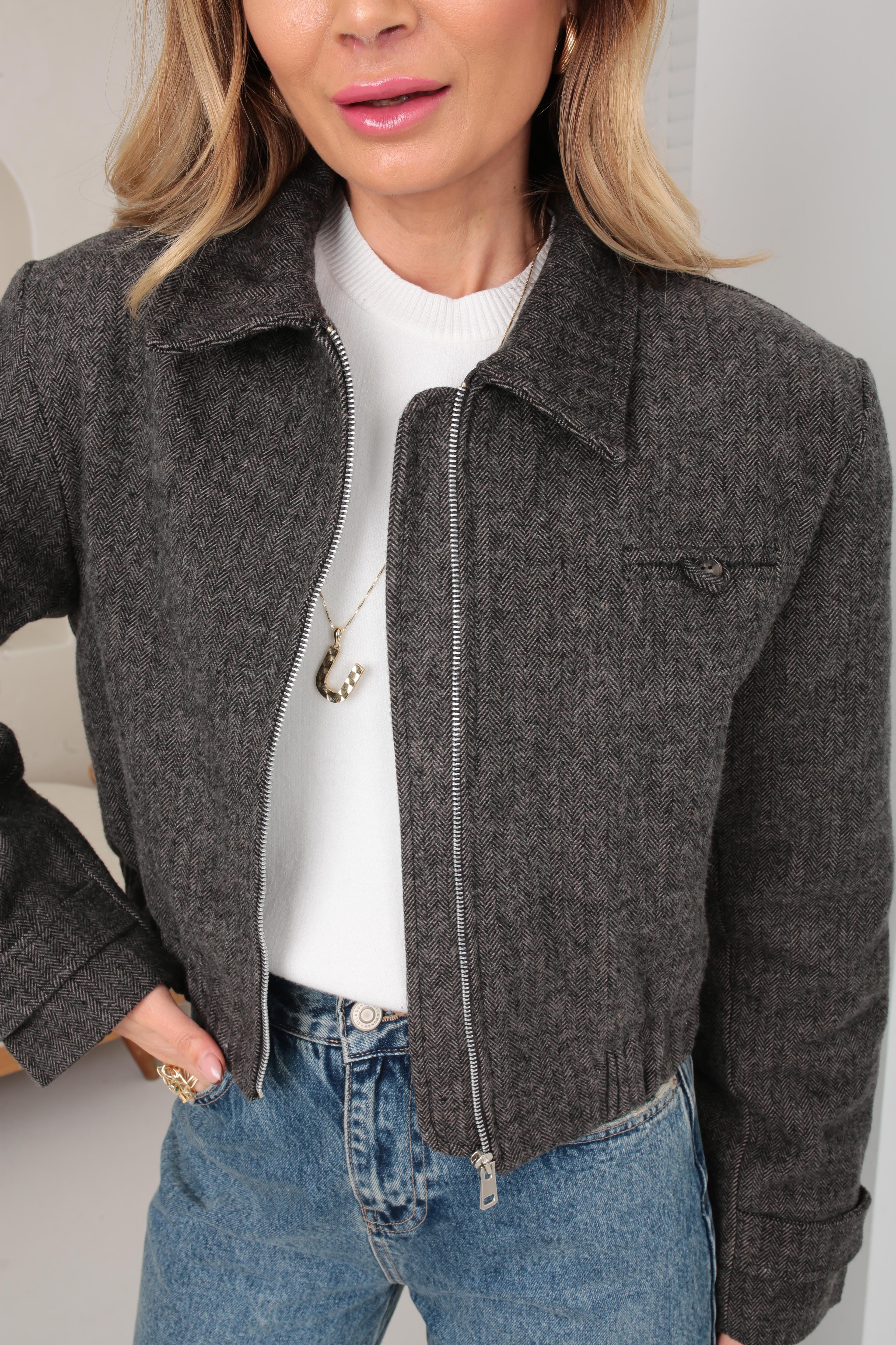 Balıksırtı Desen Kısa Kaşe Ceket CEKET