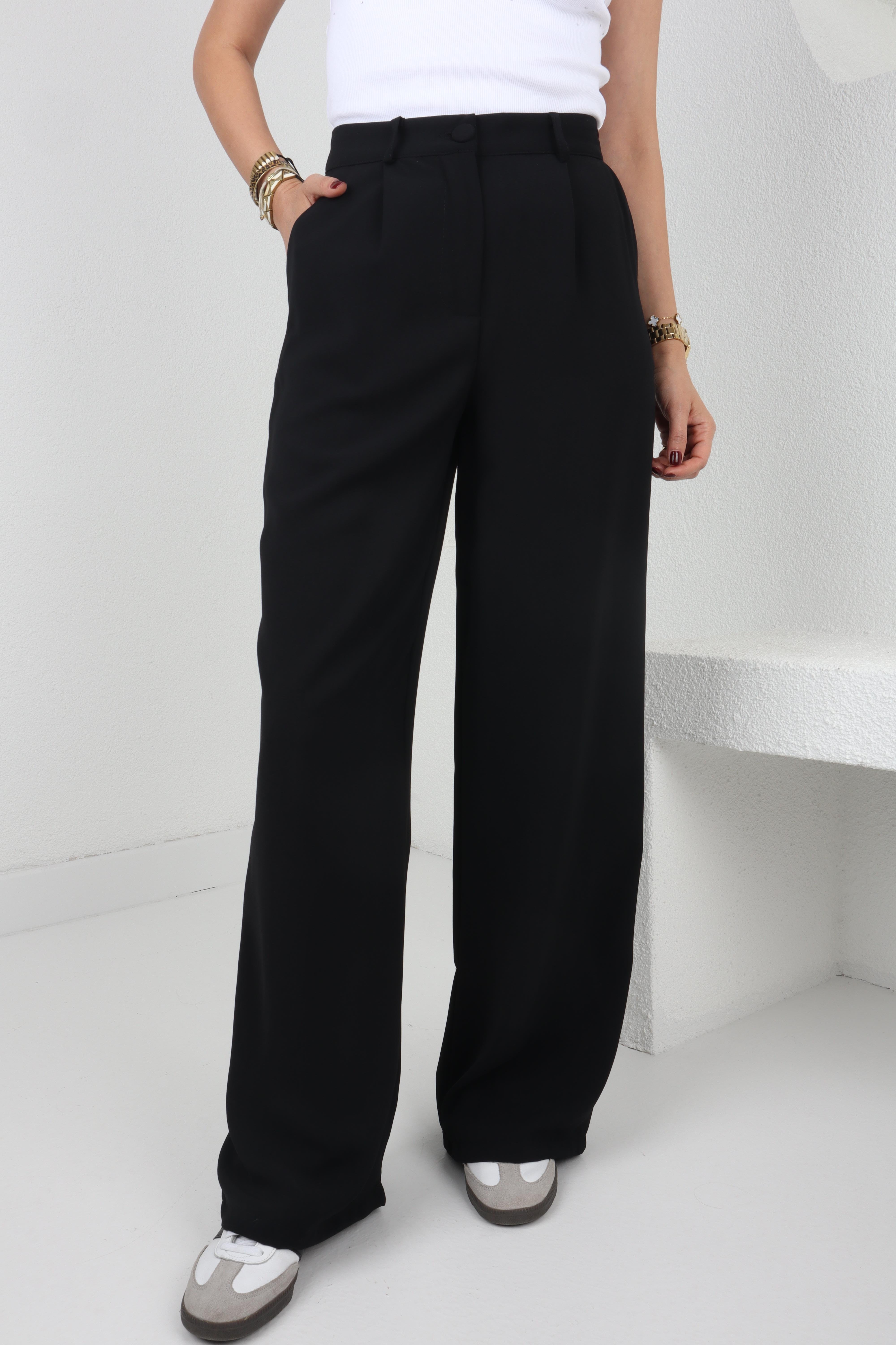 Baskı Düğmeli Siyah Palazzo Pantolon PANTOLON