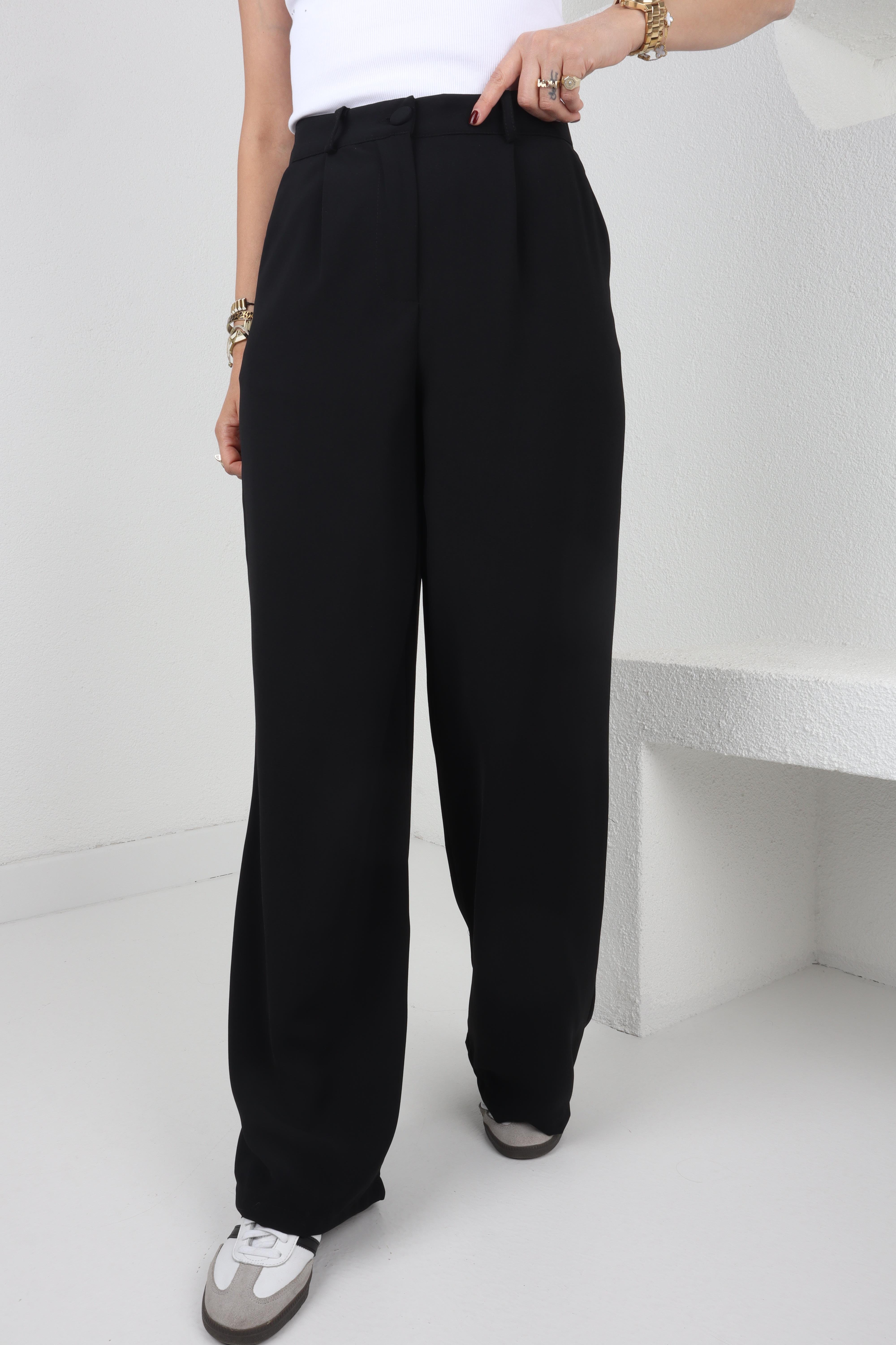 Baskı Düğmeli Siyah Palazzo Pantolon PANTOLON