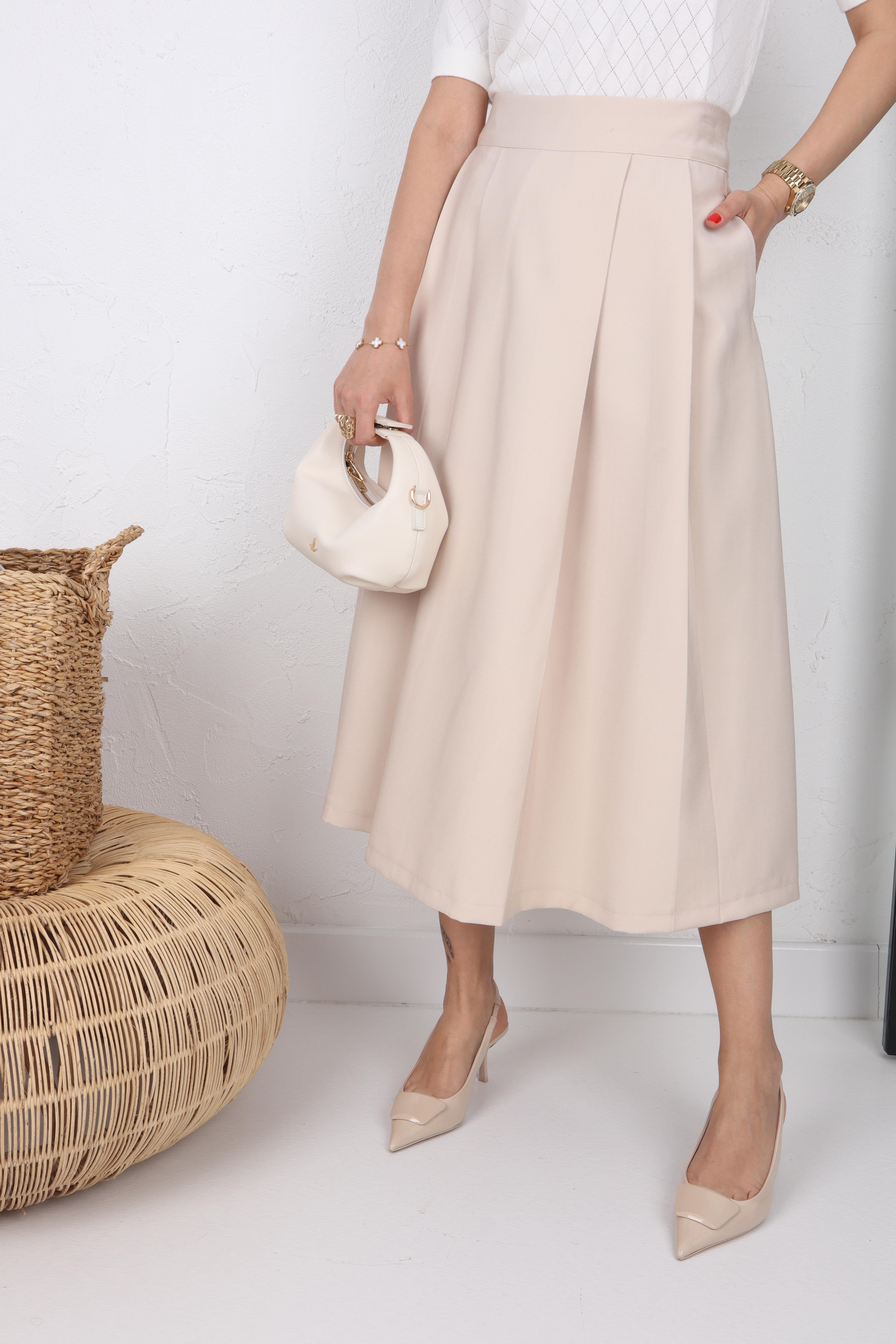 Bej Çift Pileli Kloş Etek ETEK