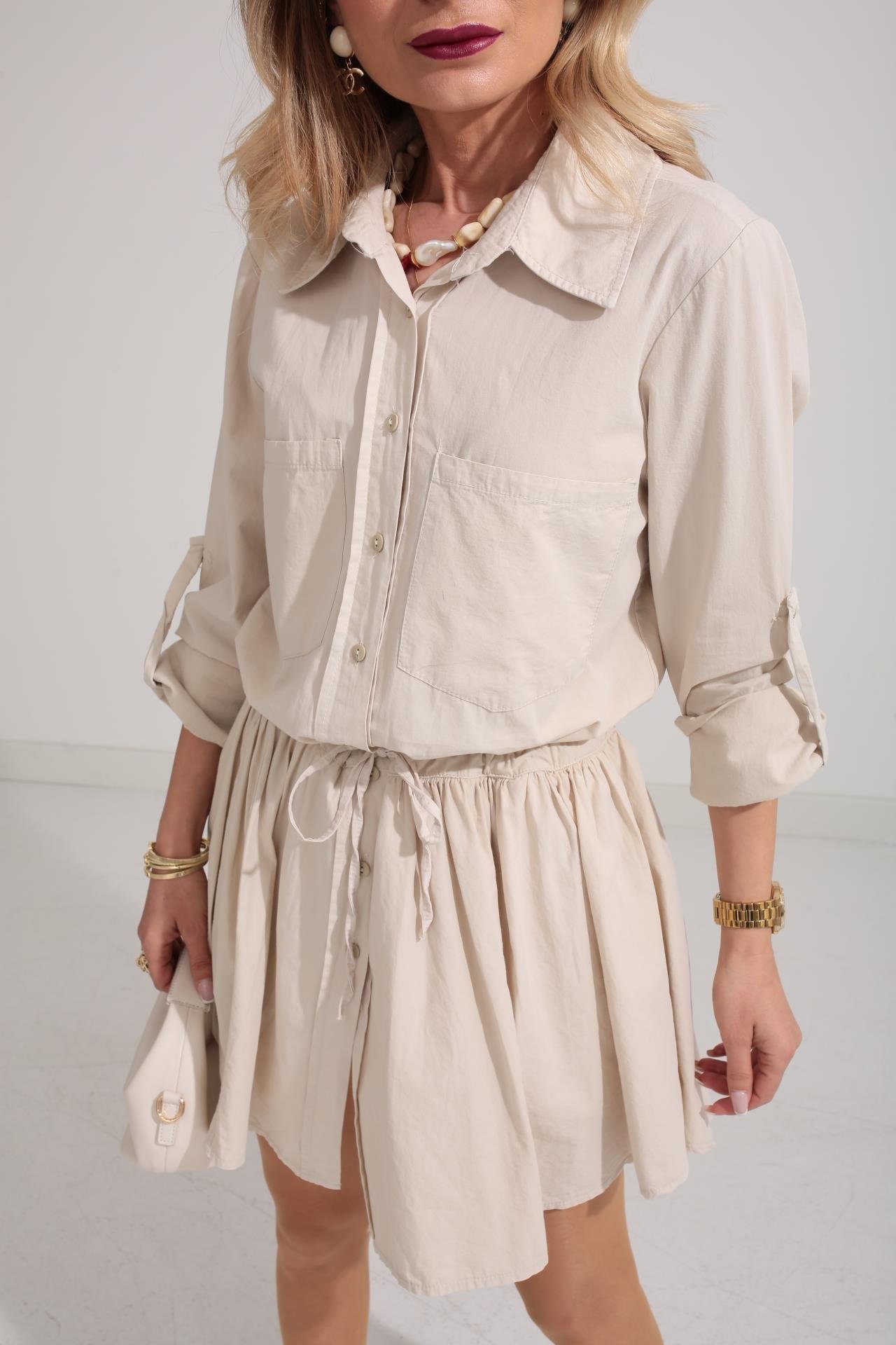 Bej Şort Astarlı Pamuklu Kumaş Elbise ELBİSE