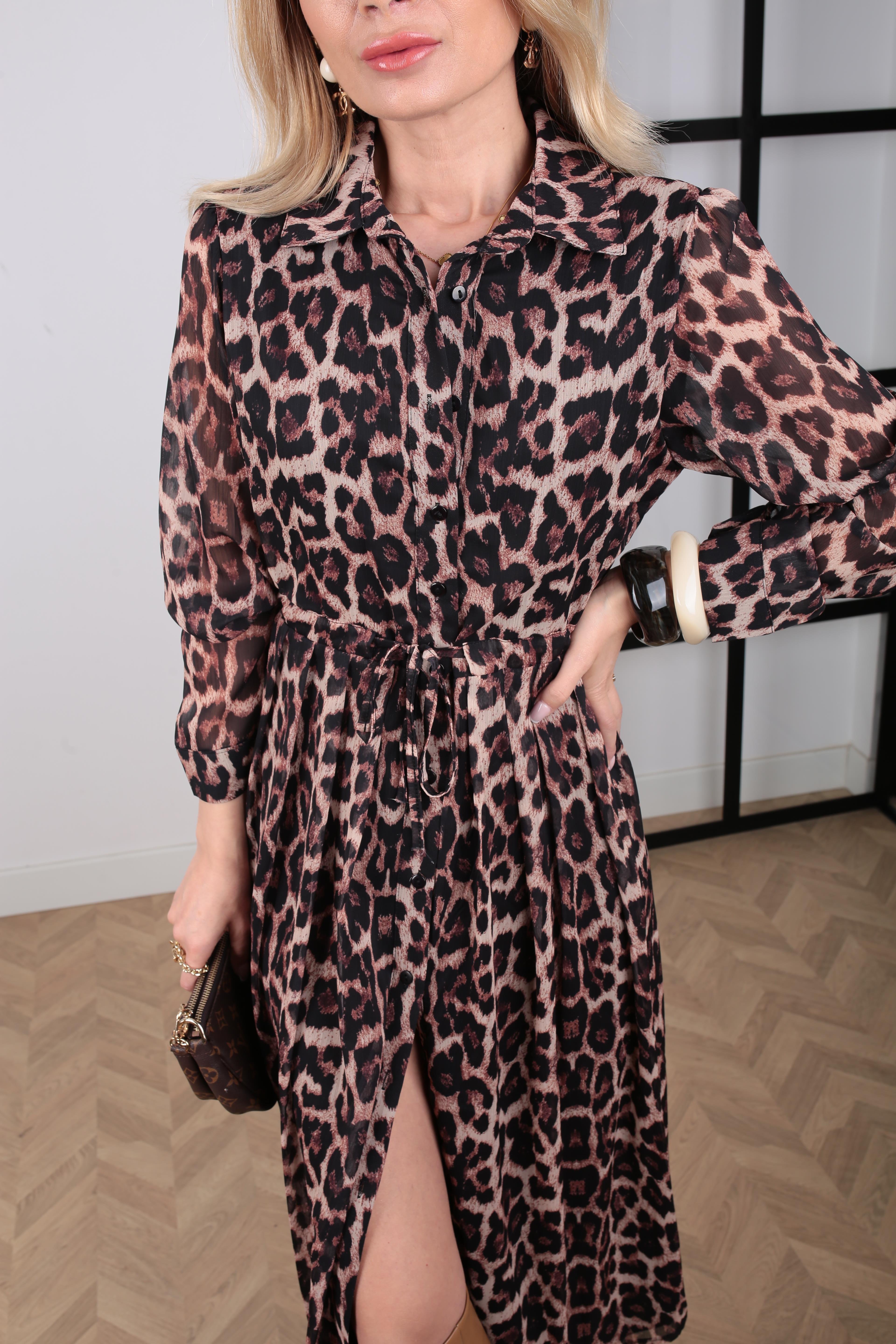 Belden Büzgülü Leopar Desen Şifon Elbise ELBİSE