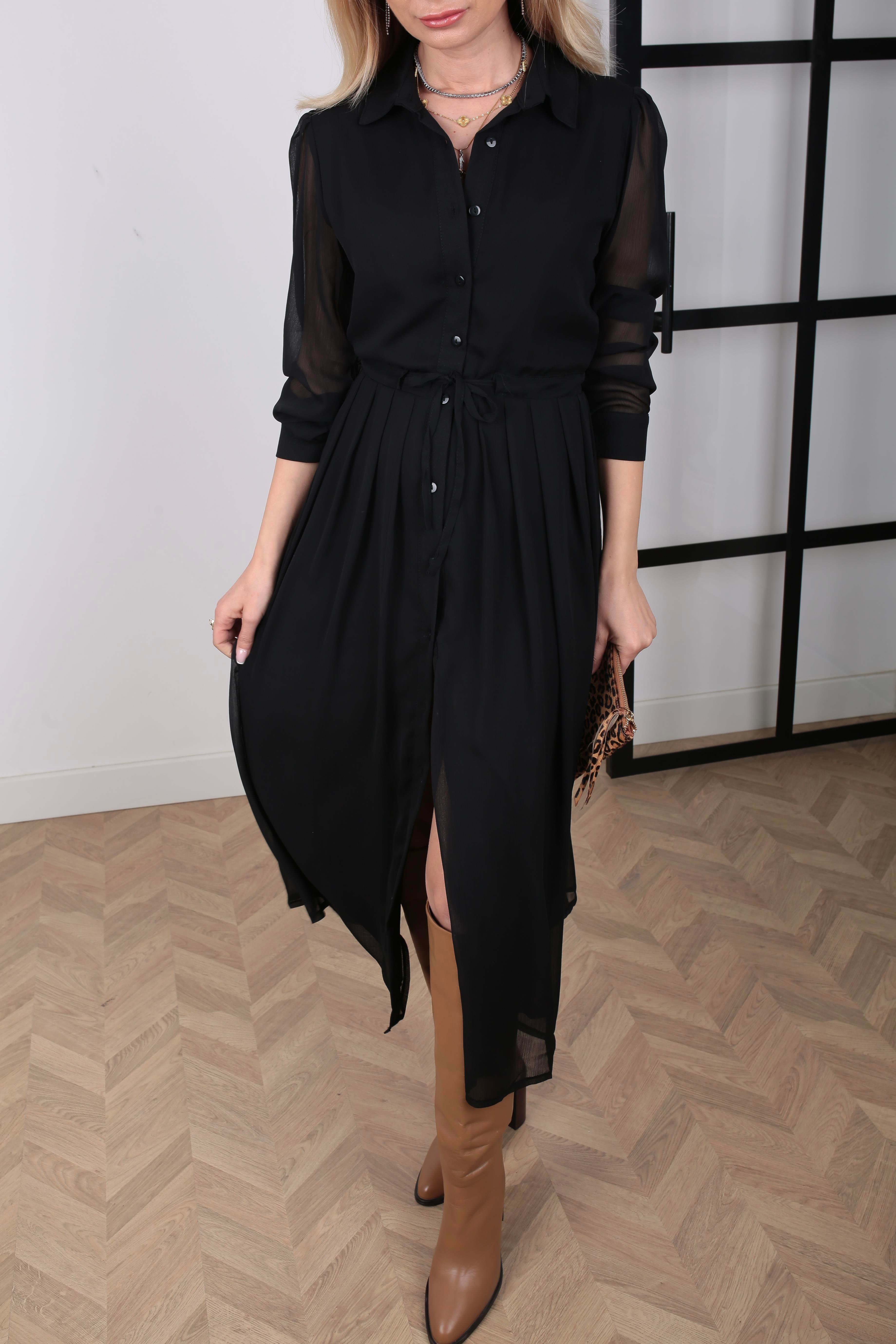 Belden Büzgülü Siyah Şifon Elbise ELBİSE