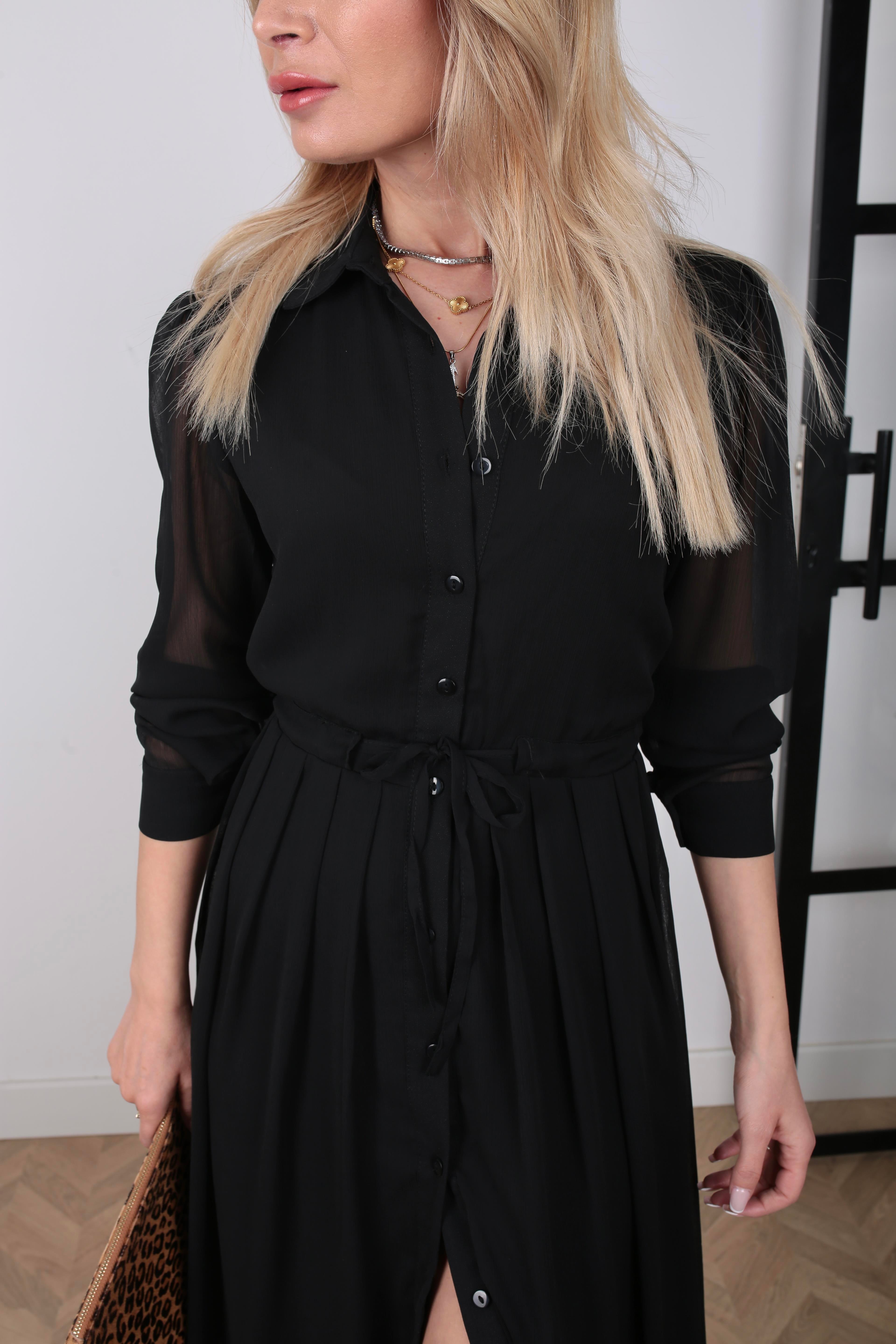 Belden Büzgülü Siyah Şifon Elbise ELBİSE