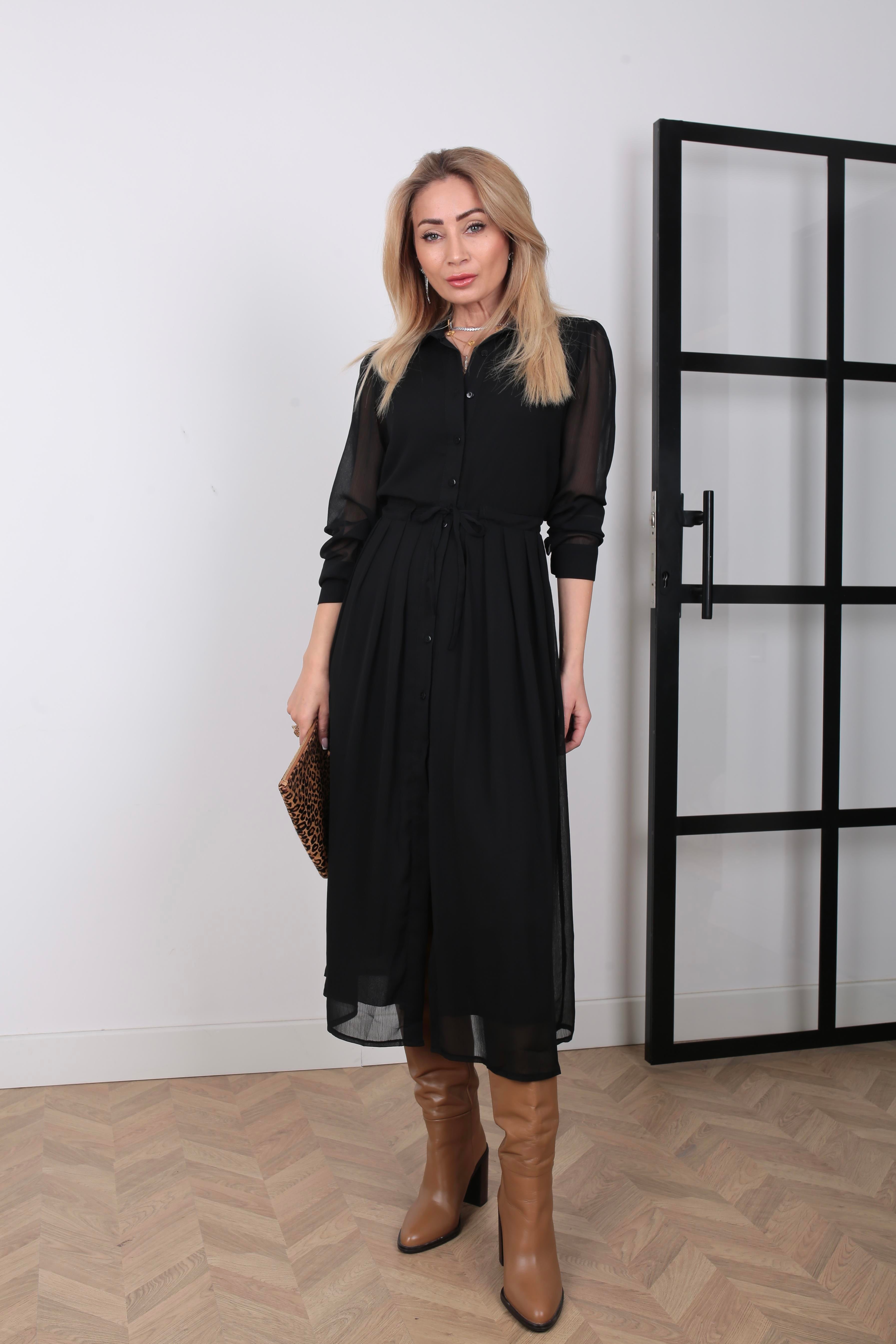 Belden Büzgülü Siyah Şifon Elbise ELBİSE