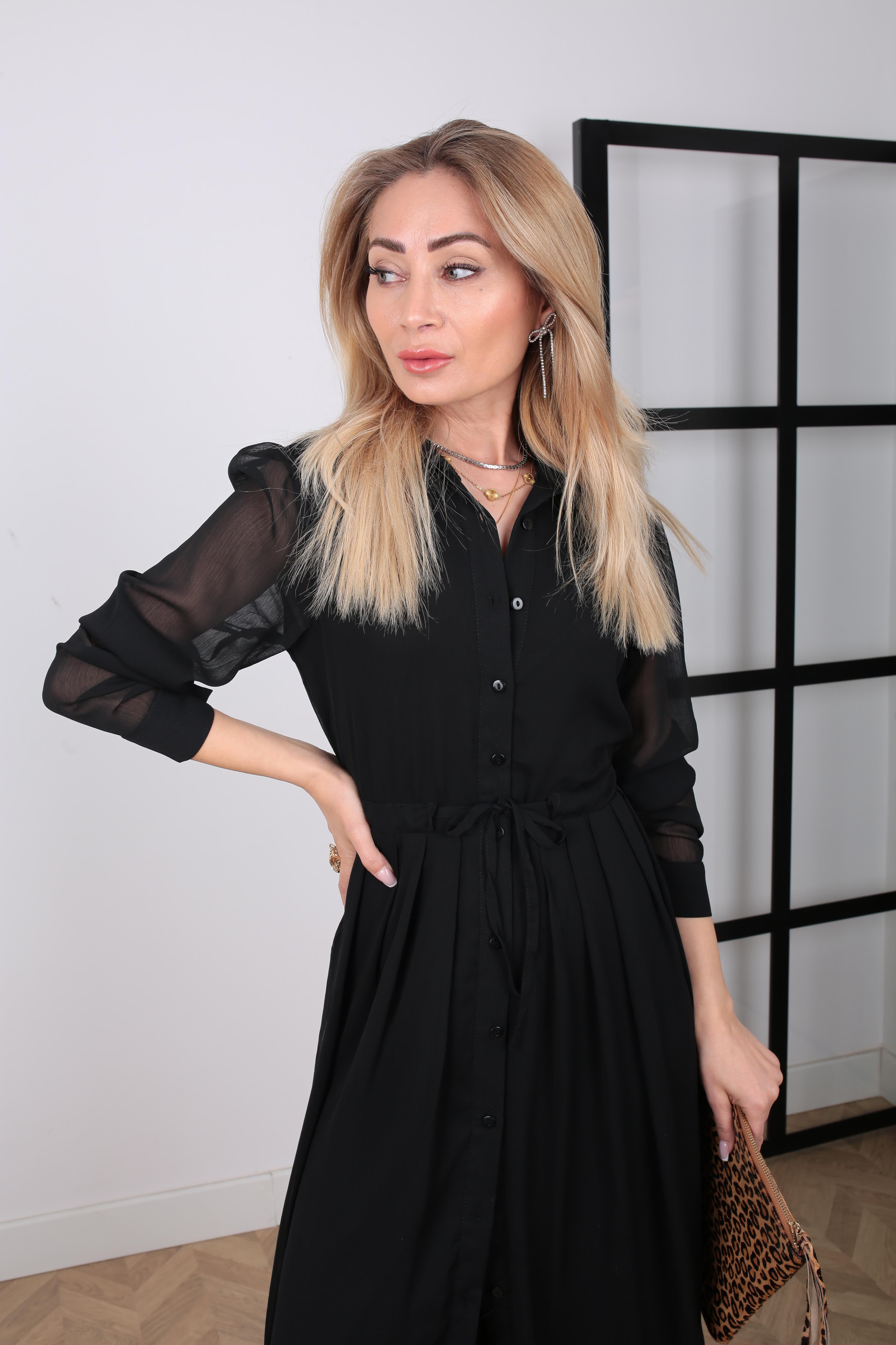 Belden Büzgülü Siyah Şifon Elbise ELBİSE