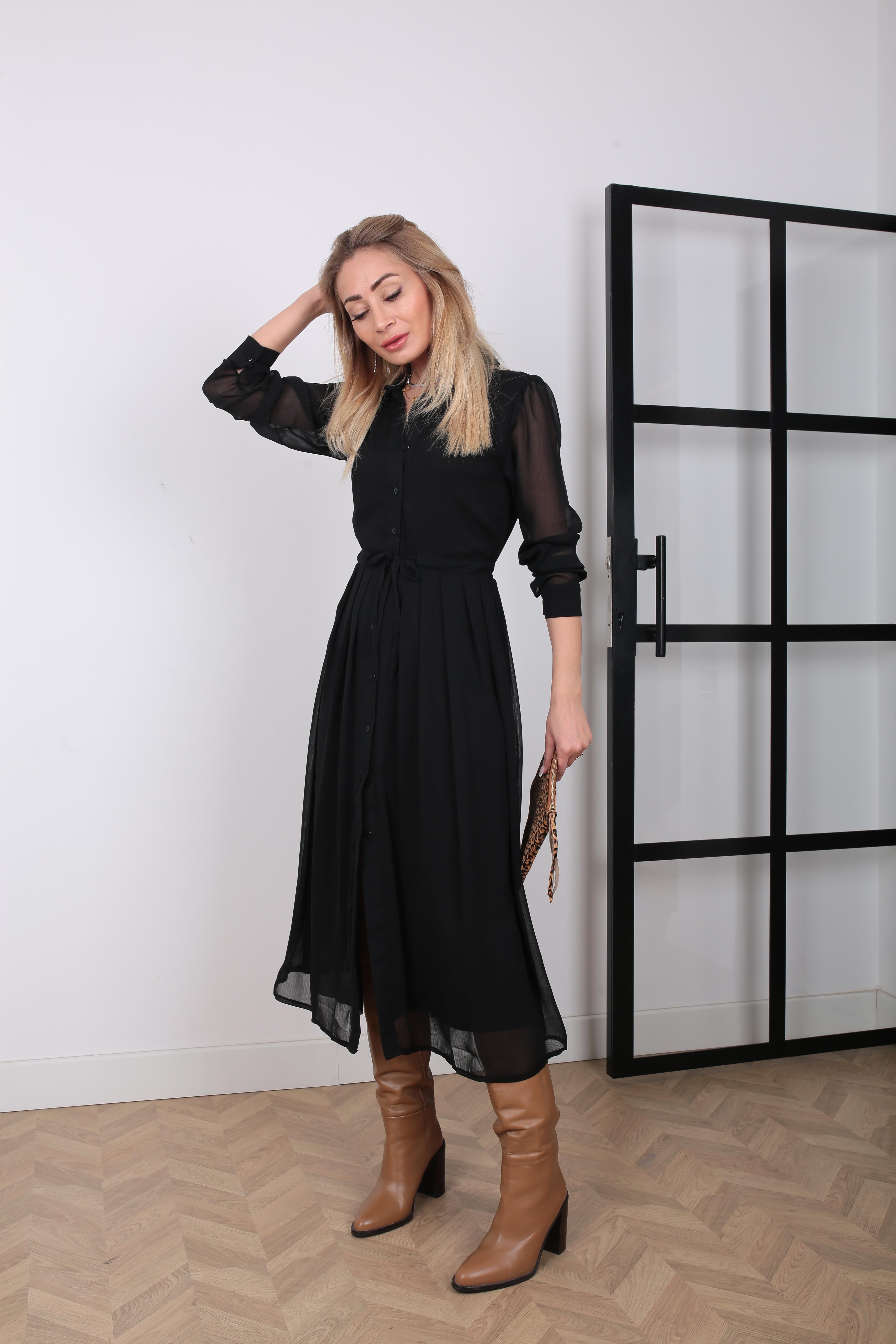 Belden Büzgülü Siyah Şifon Elbise ELBİSE