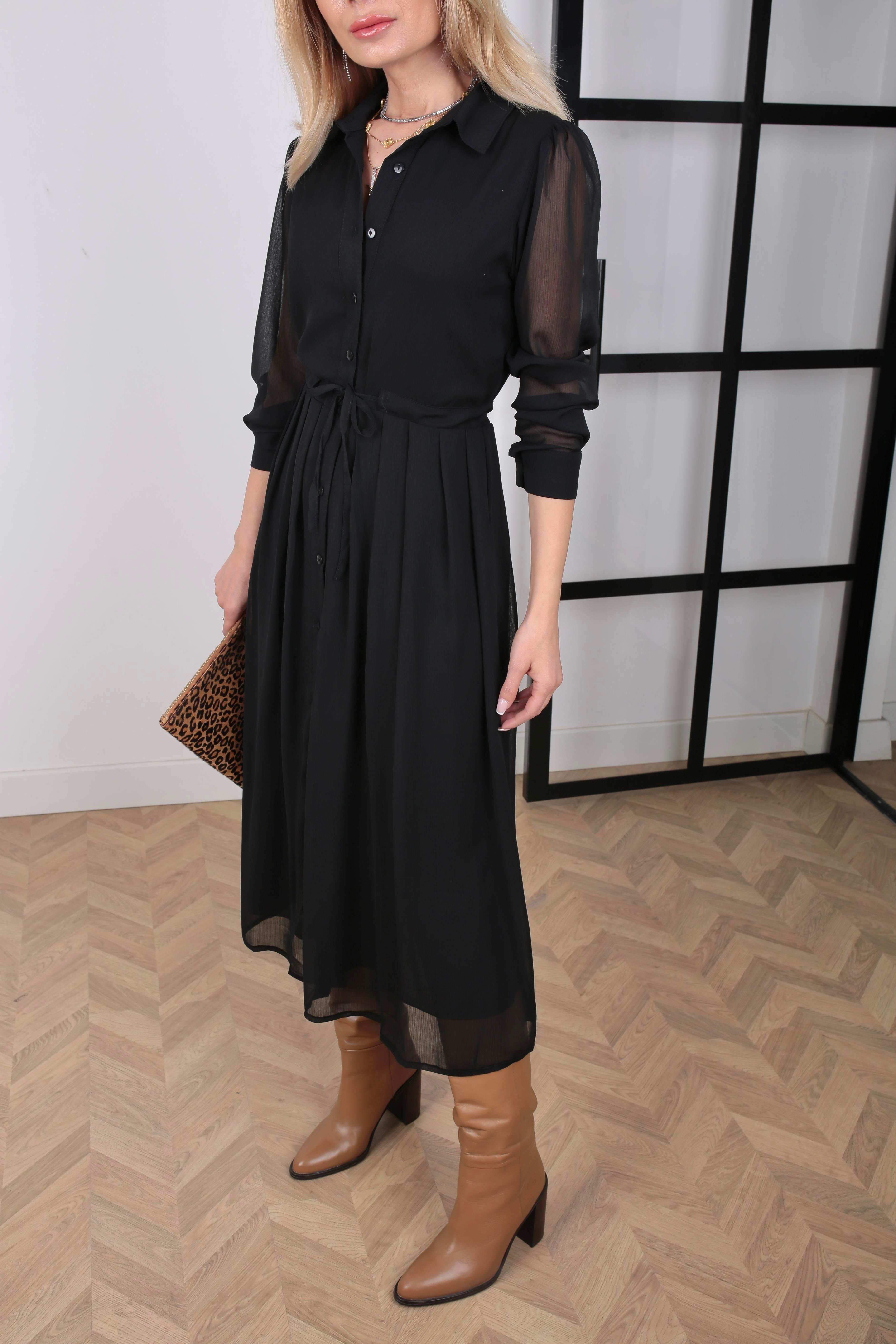 Belden Büzgülü Siyah Şifon Elbise ELBİSE