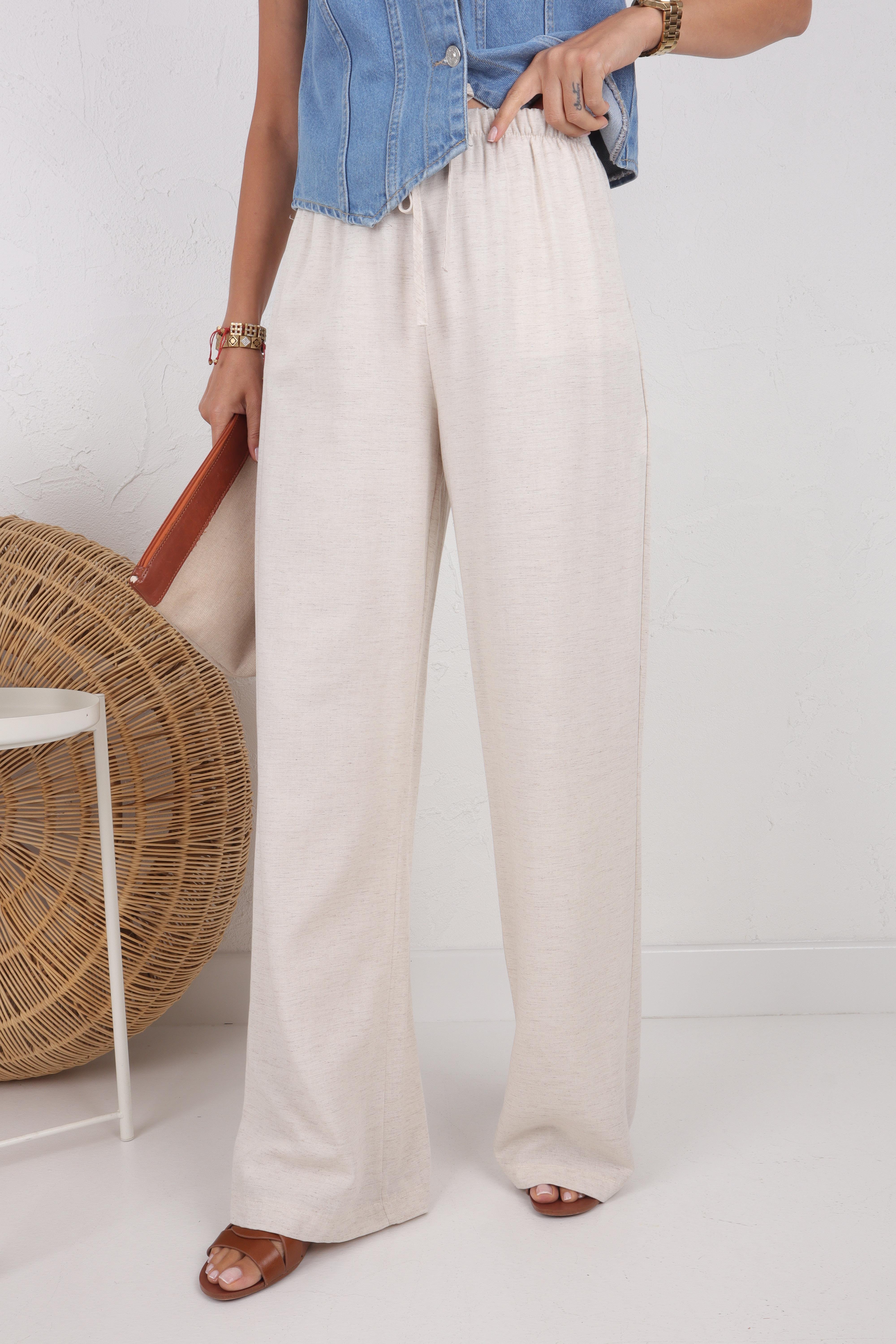 Beli Bağcıklı Taş Keten Pantolon PANTOLON