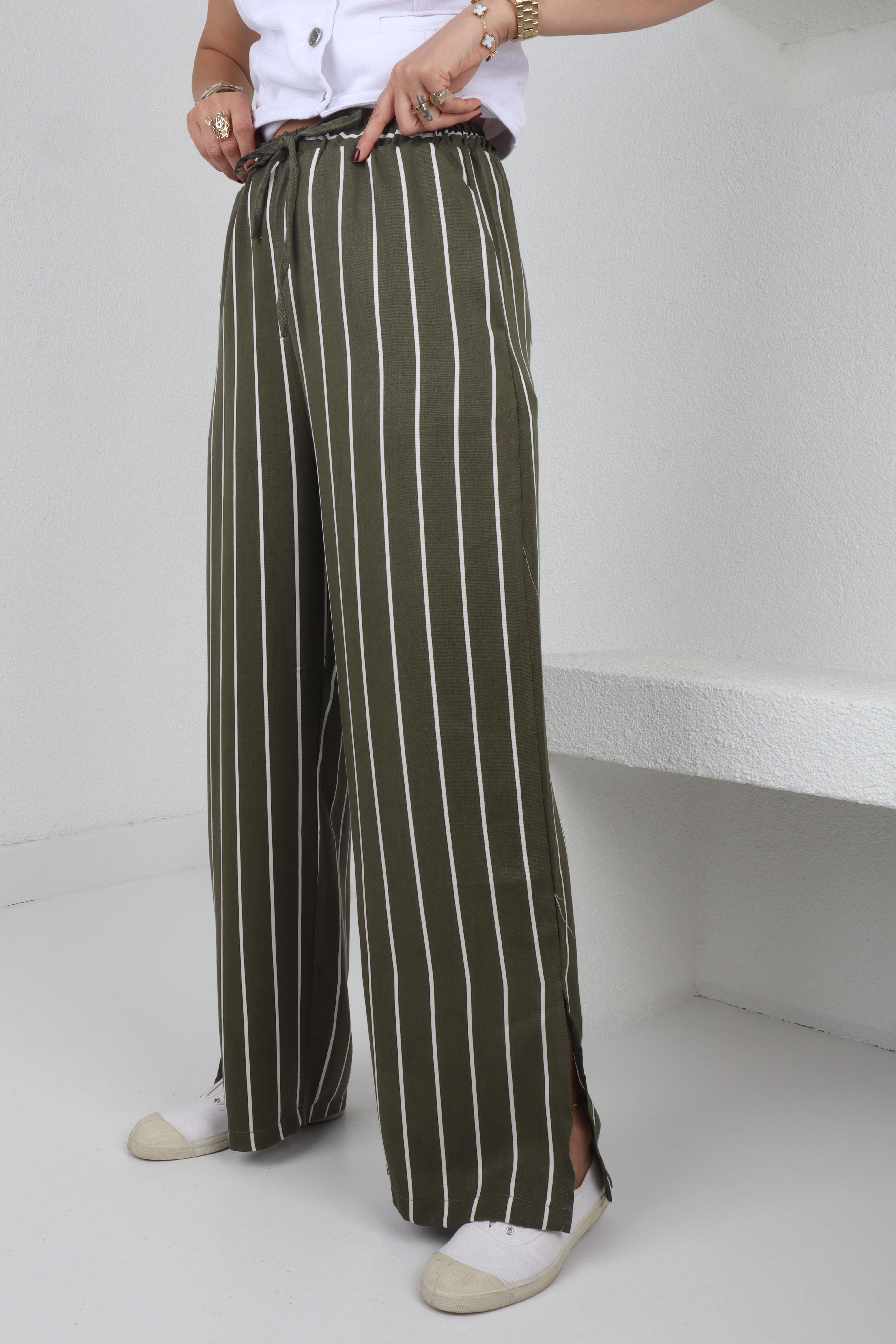 Beli Bağcıklı Yeşil Çizgili Pantolon PANTOLON