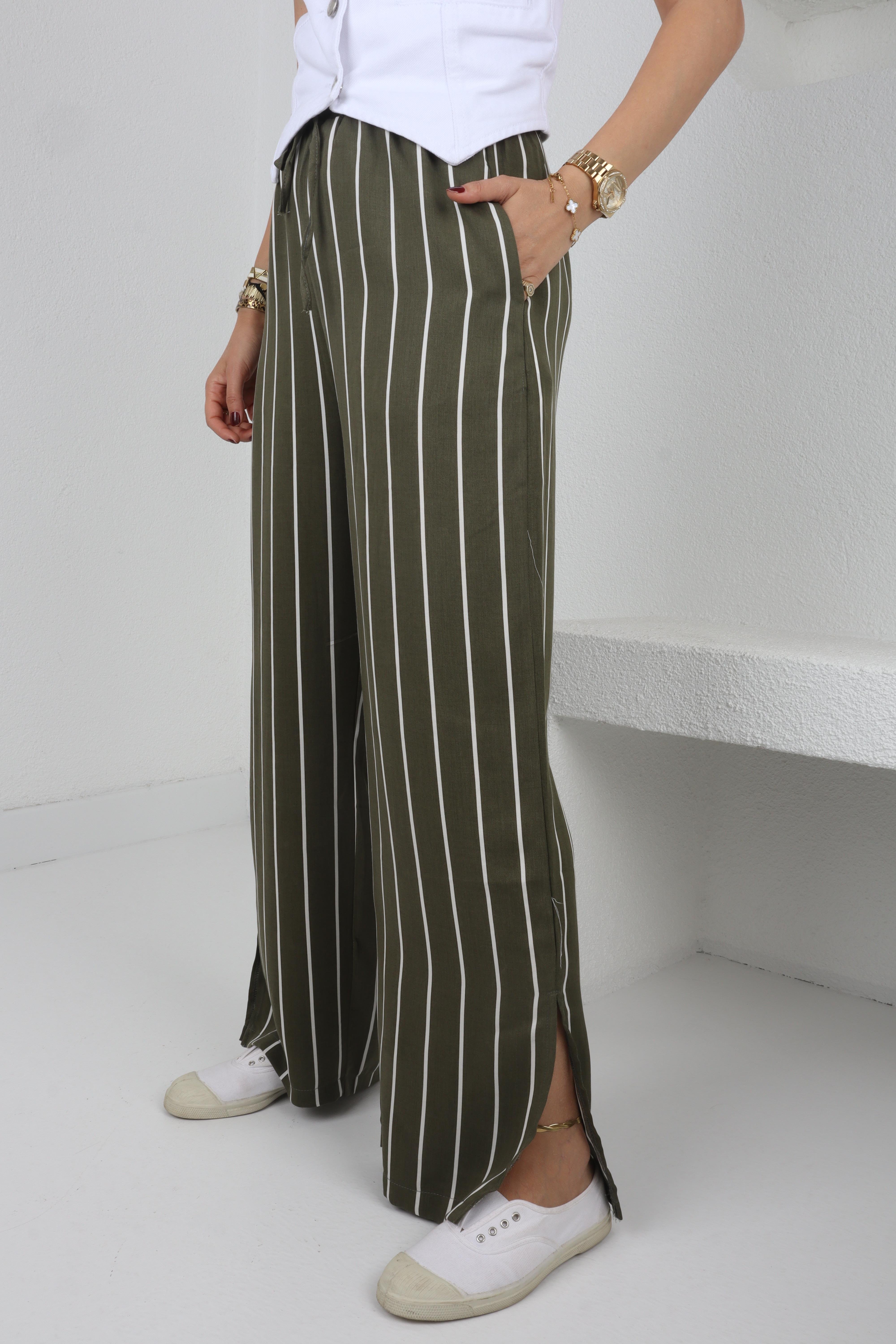 Beli Bağcıklı Yeşil Çizgili Pantolon PANTOLON