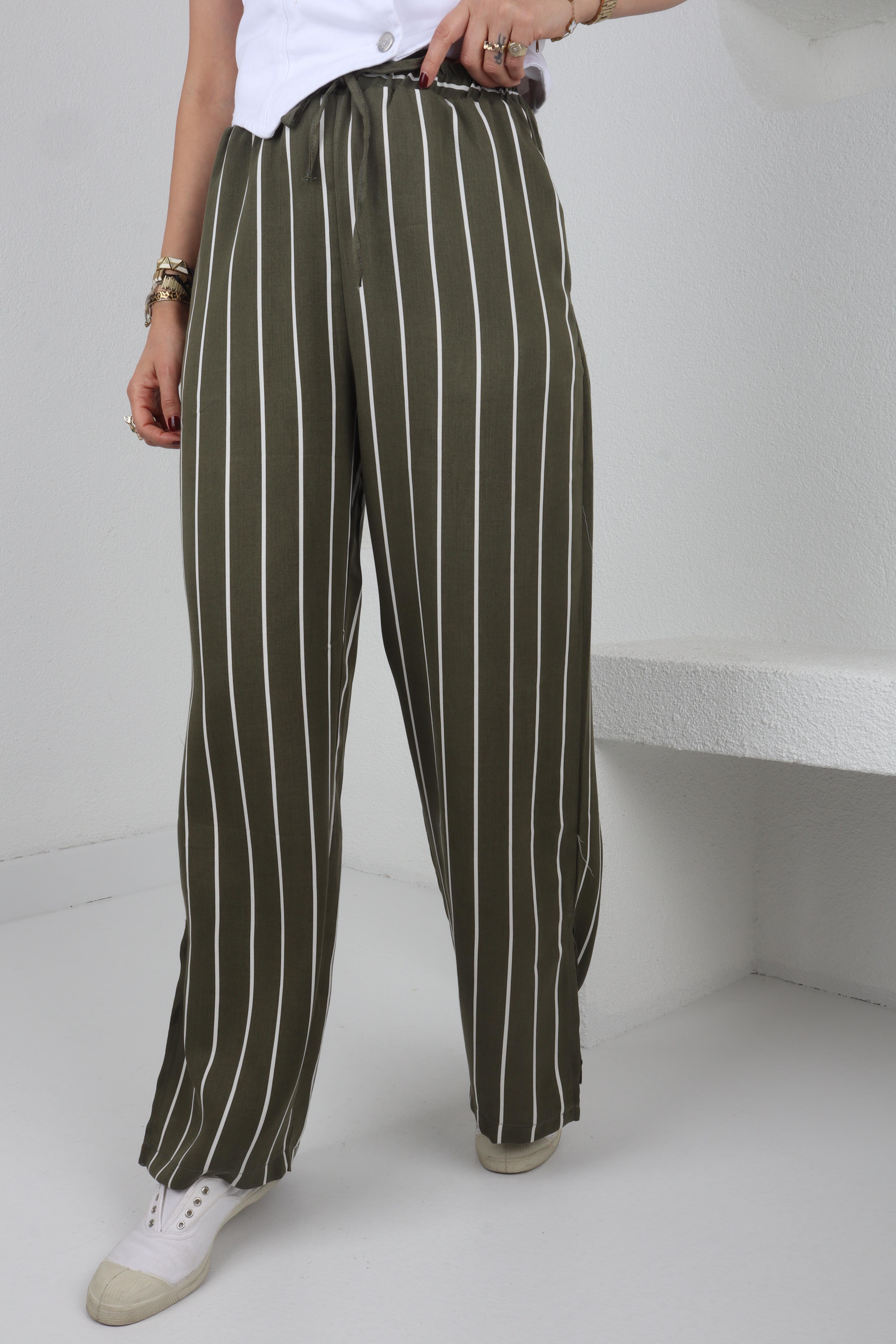 Beli Bağcıklı Yeşil Çizgili Pantolon PANTOLON