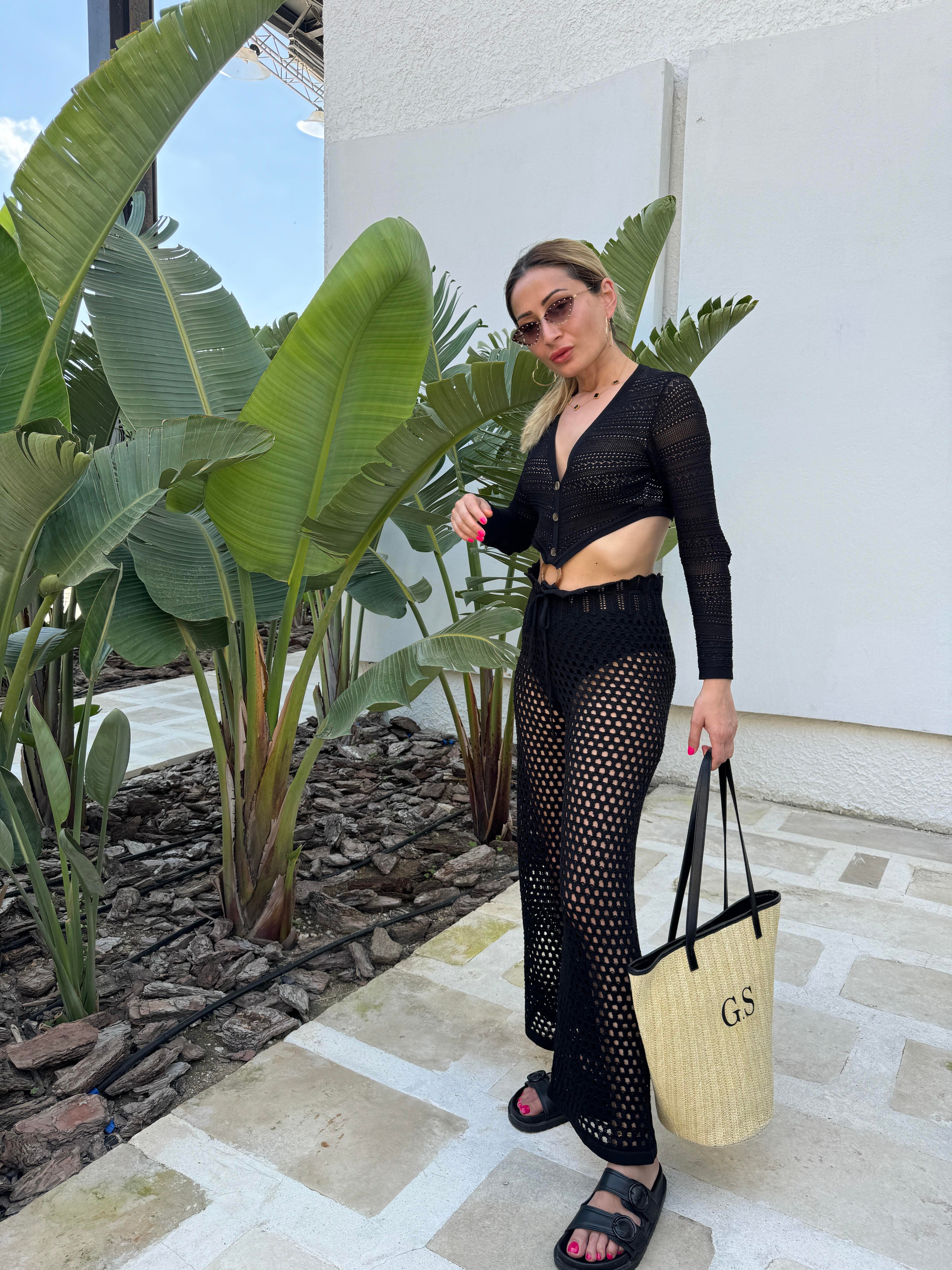 Beli İpli Ajurlu Siyah Pantolon PANTOLON