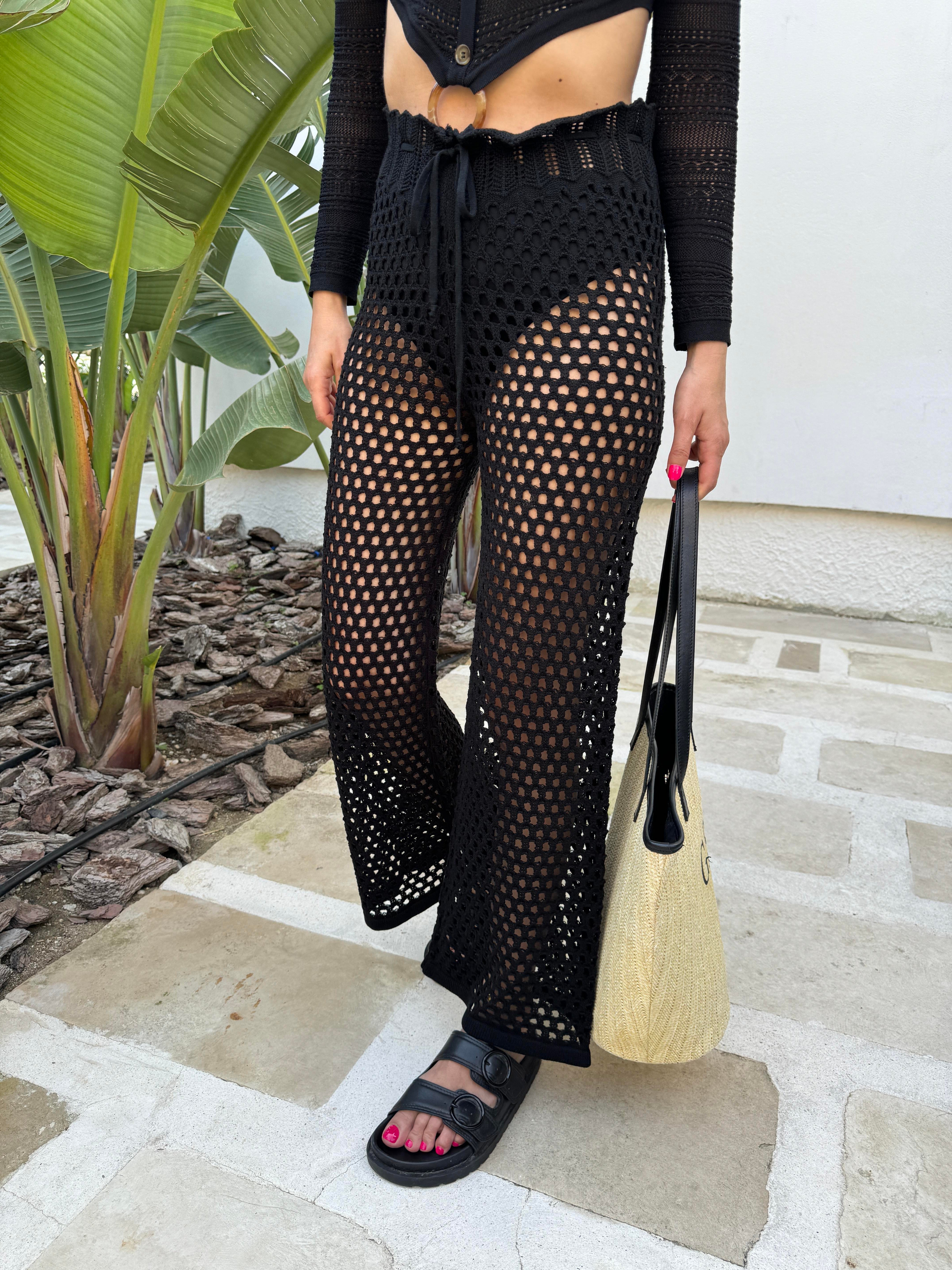 Beli İpli Ajurlu Siyah Pantolon PANTOLON