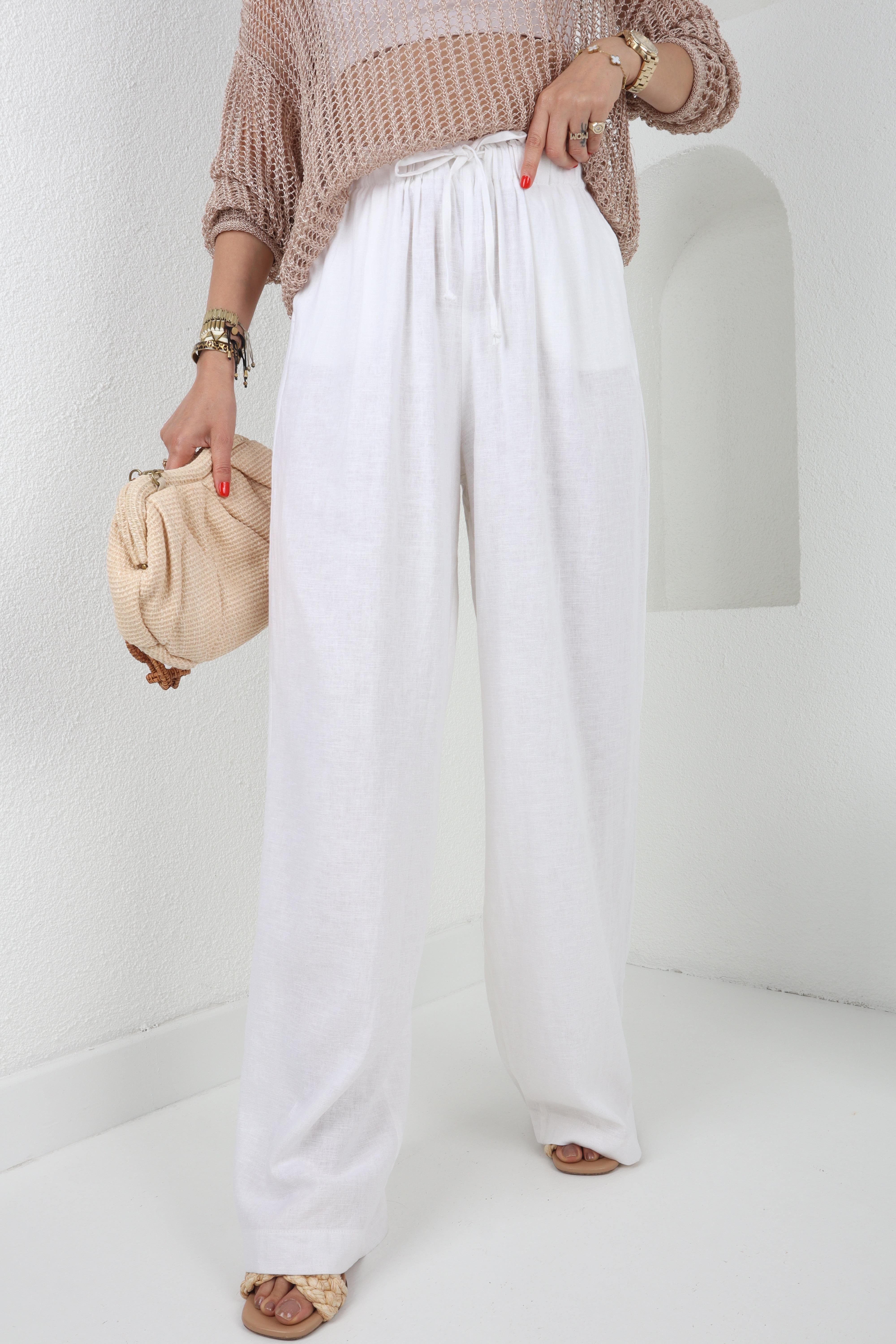 Beli İpli Geniş Kesim Beyaz Keten Pantolon PANTOLON