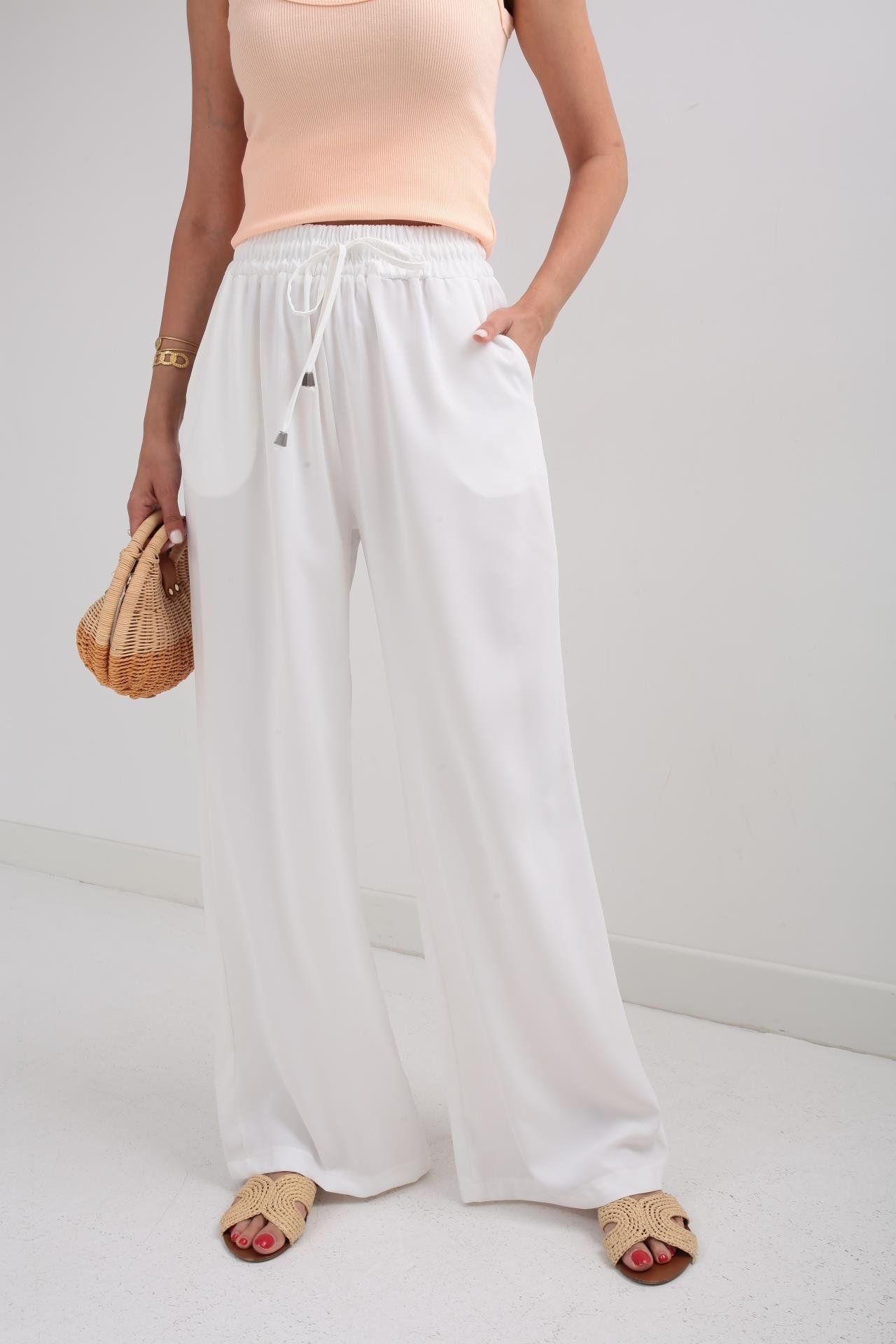 Beli Lastikli Bağcıklı Beyaz Geniş Kesim Pantolon PANTOLON | NO33