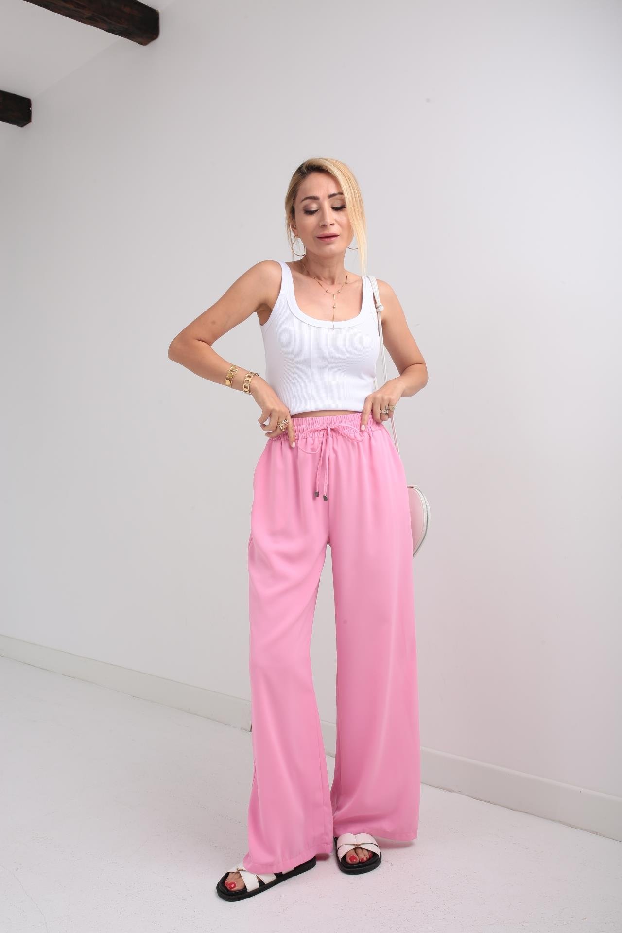Beli Lastikli Bağcıklı Pembe Geniş Kesim Pantolon PANTOLON | NO33