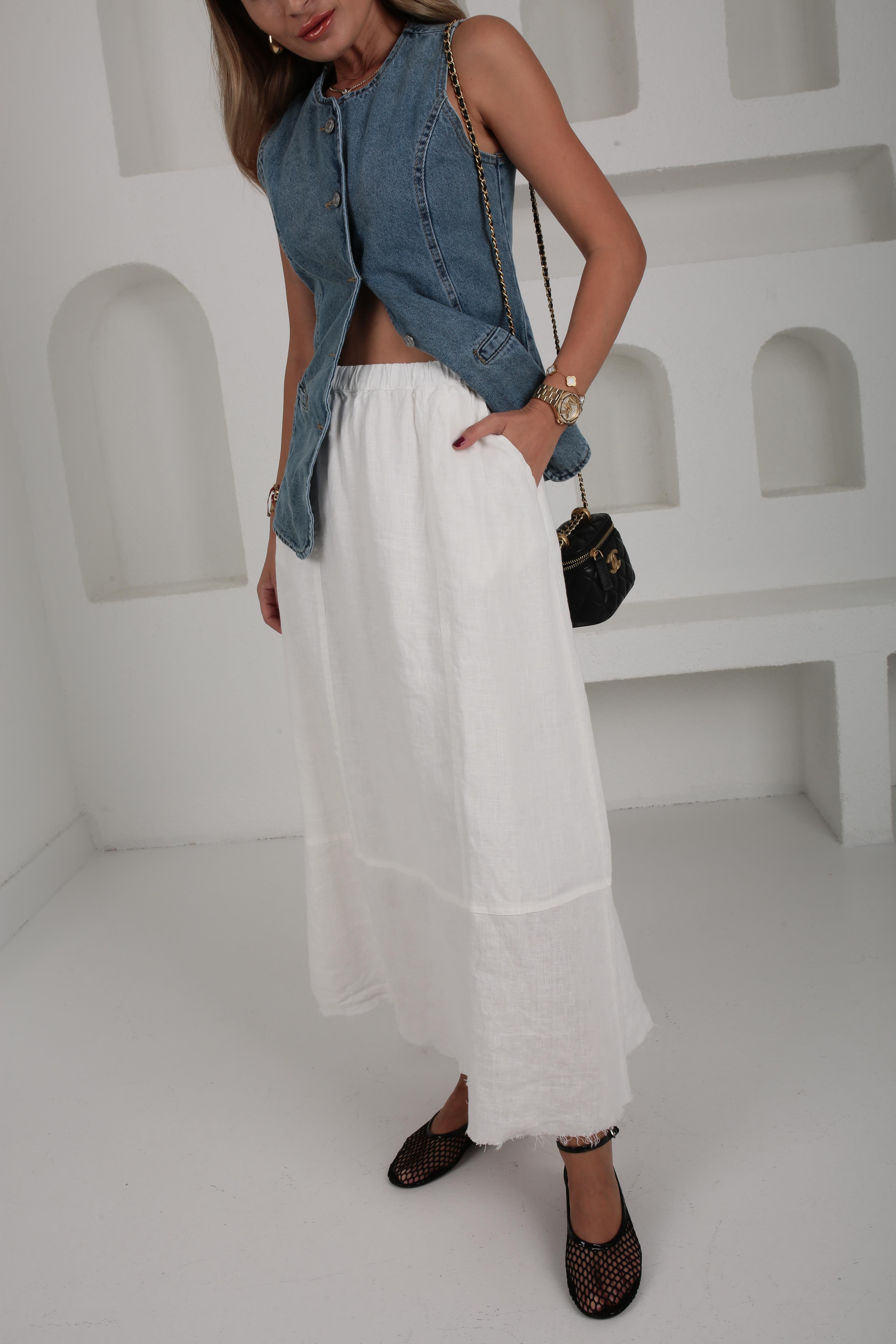 Beli Lastikli Beyaz Uzun Keten Etek ETEK