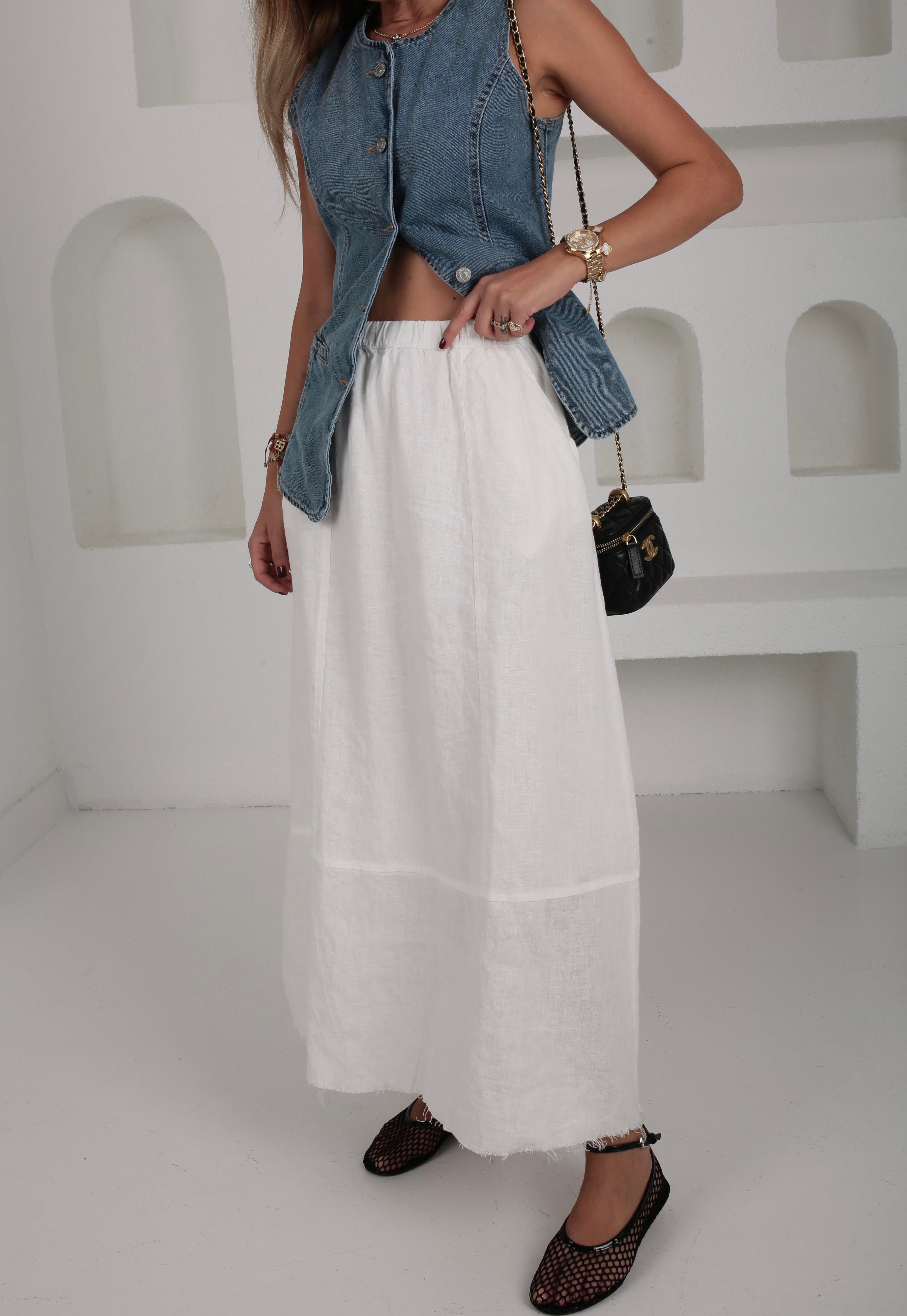 Beli Lastikli Beyaz Uzun Keten Etek ETEK