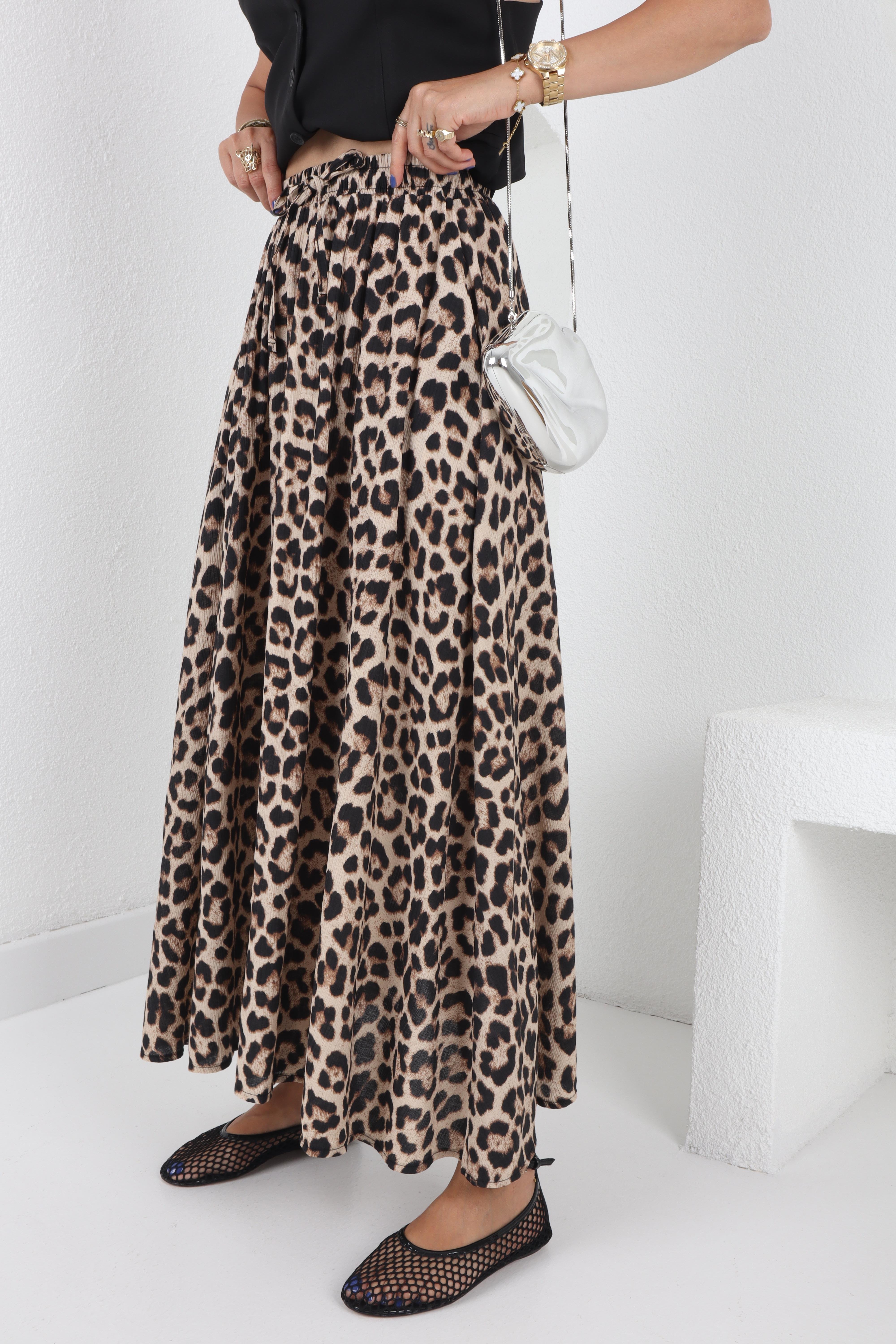 Beli Lastikli Leopar Desen Kloş Etek ETEK