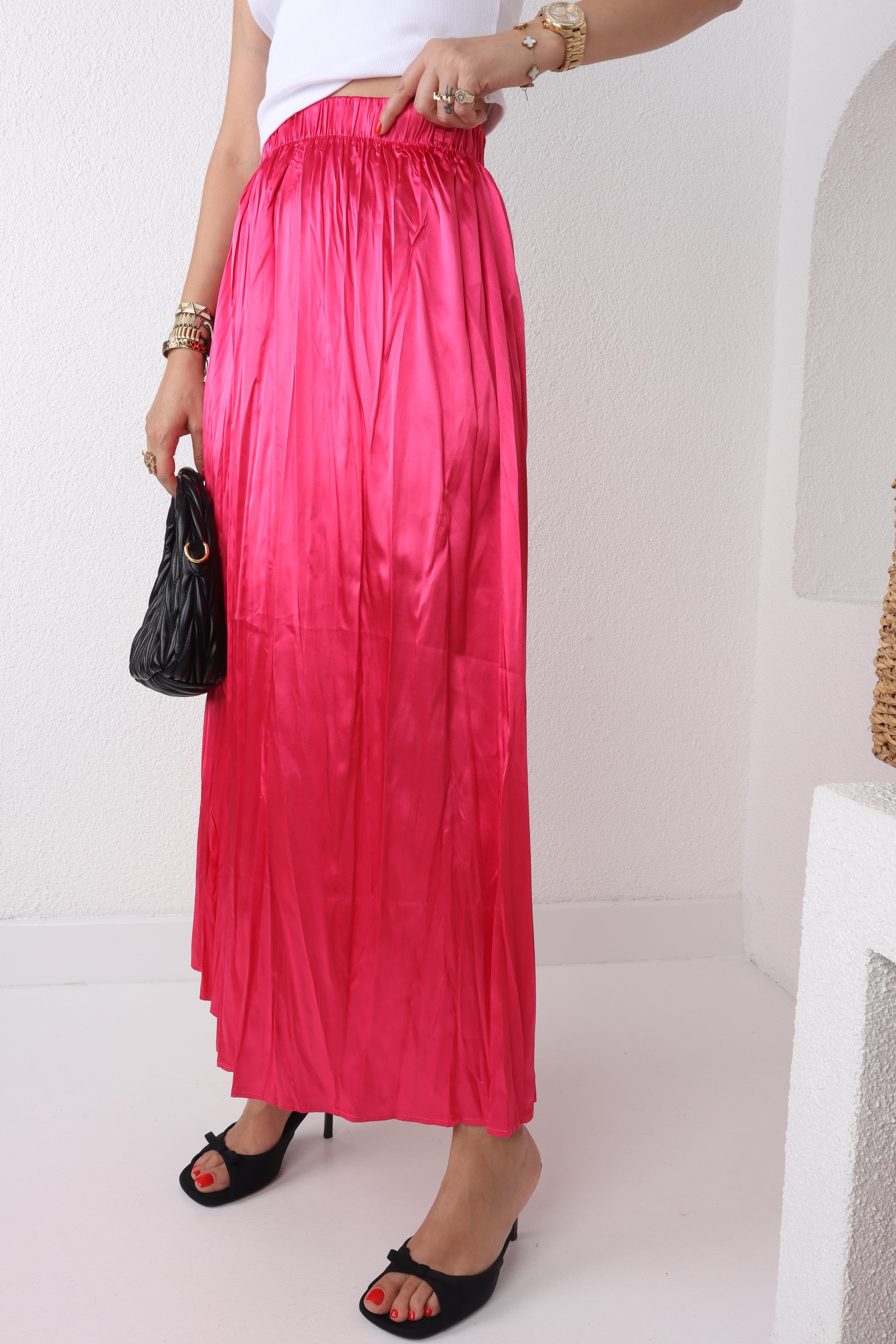 Beli Lastikli Pileli Fuşya Saten Etek ETEK