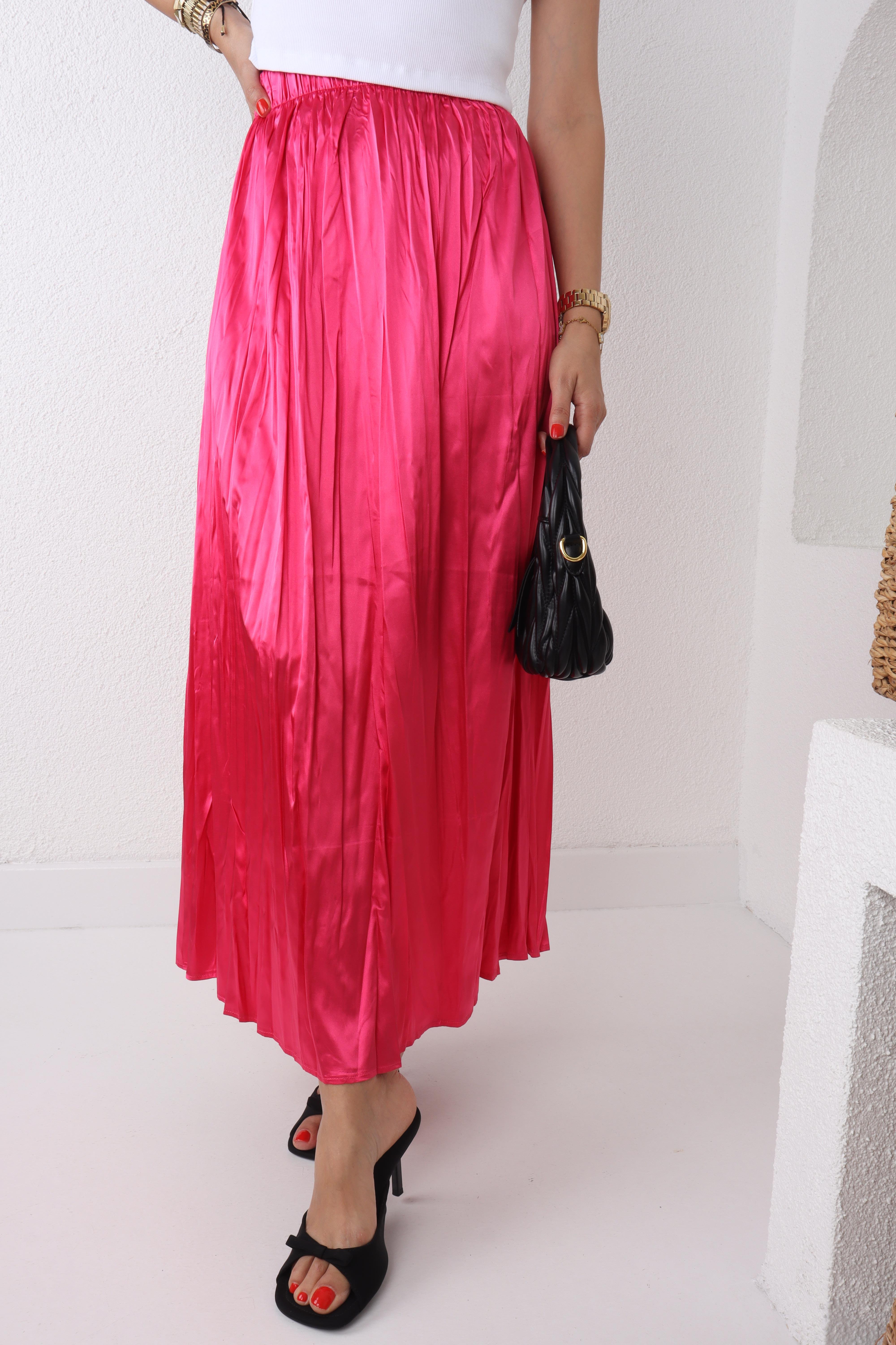 Beli Lastikli Pileli Fuşya Saten Etek ETEK