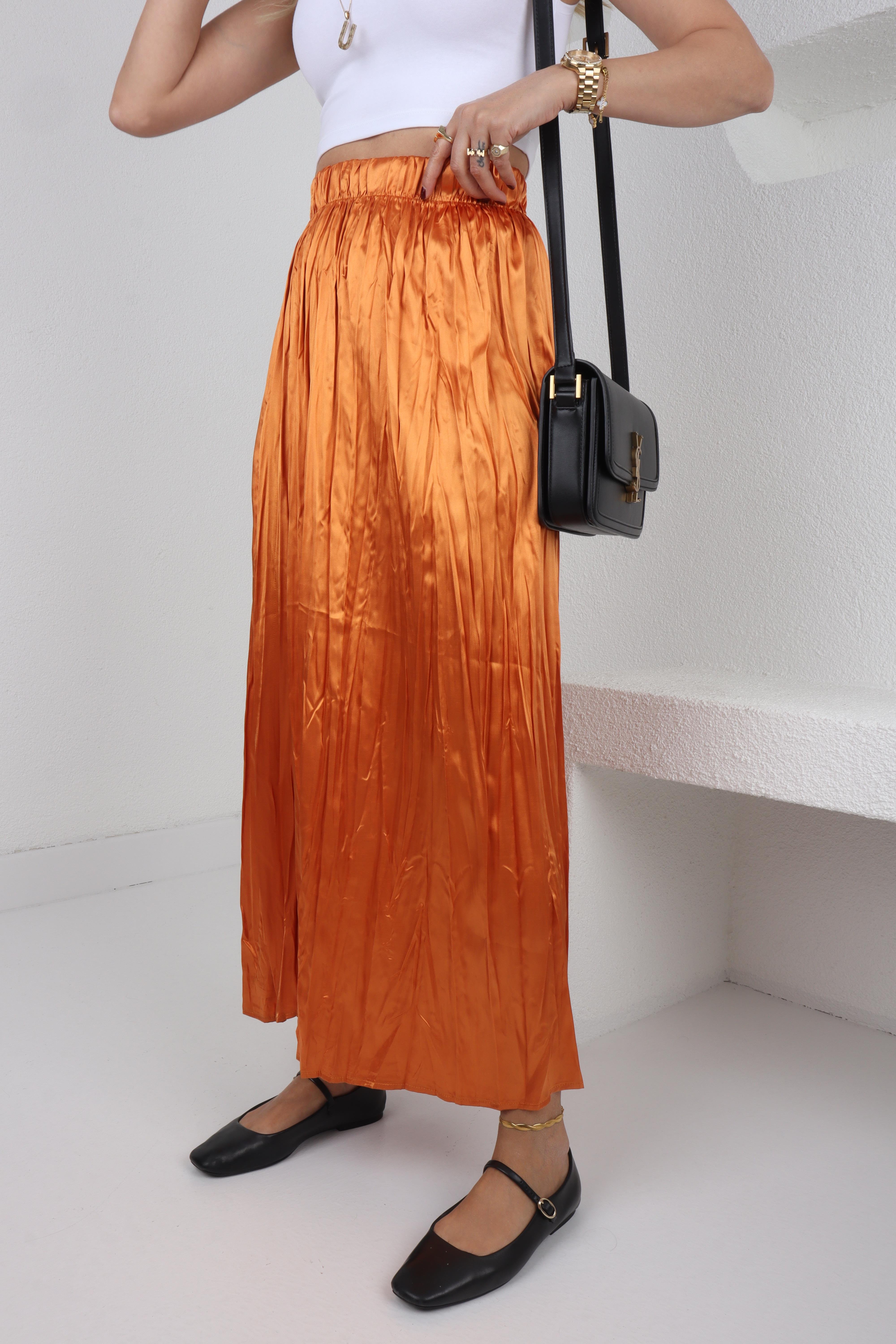 Beli Lastikli Pileli Turuncu Saten Etek ETEK