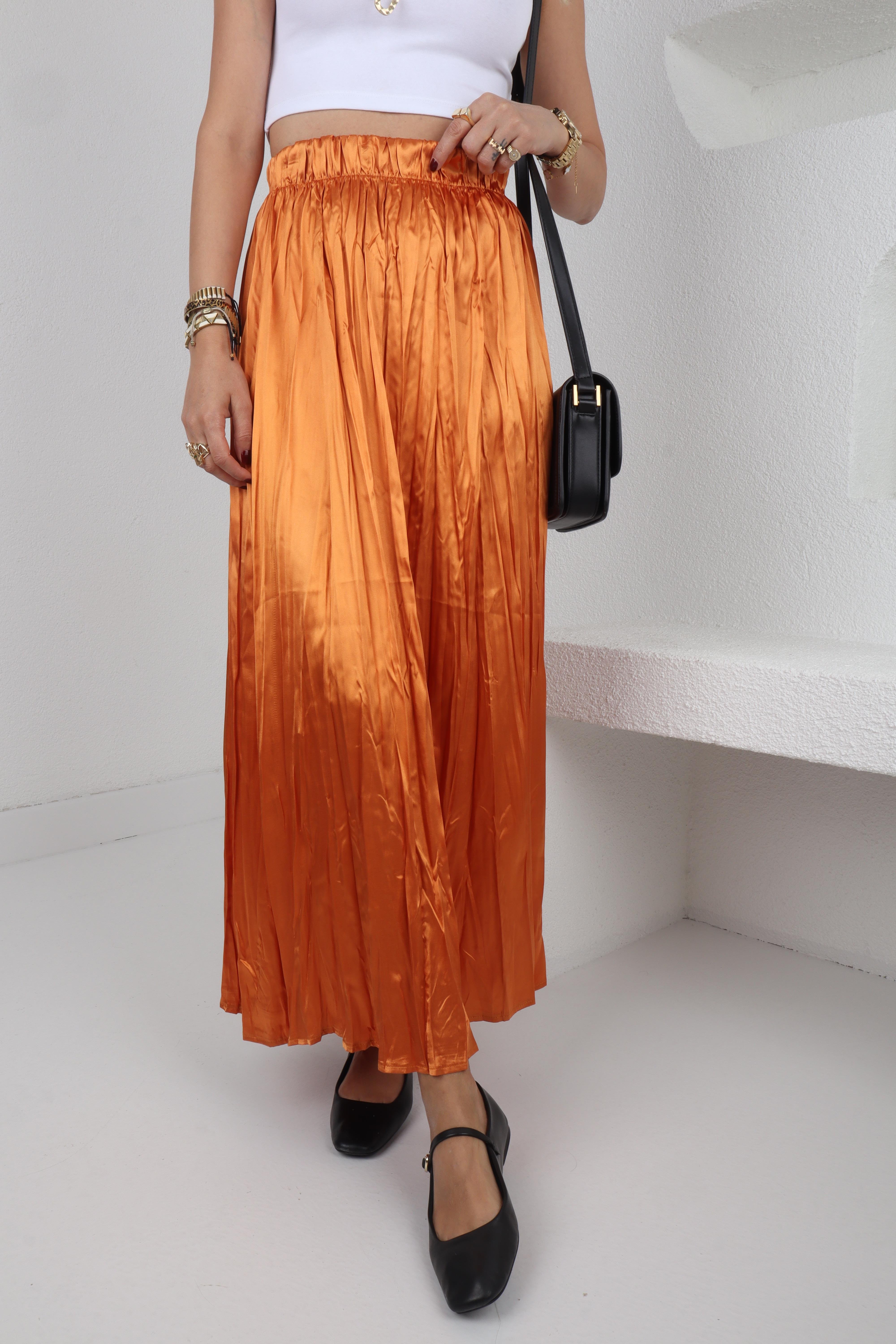 Beli Lastikli Pileli Turuncu Saten Etek ETEK