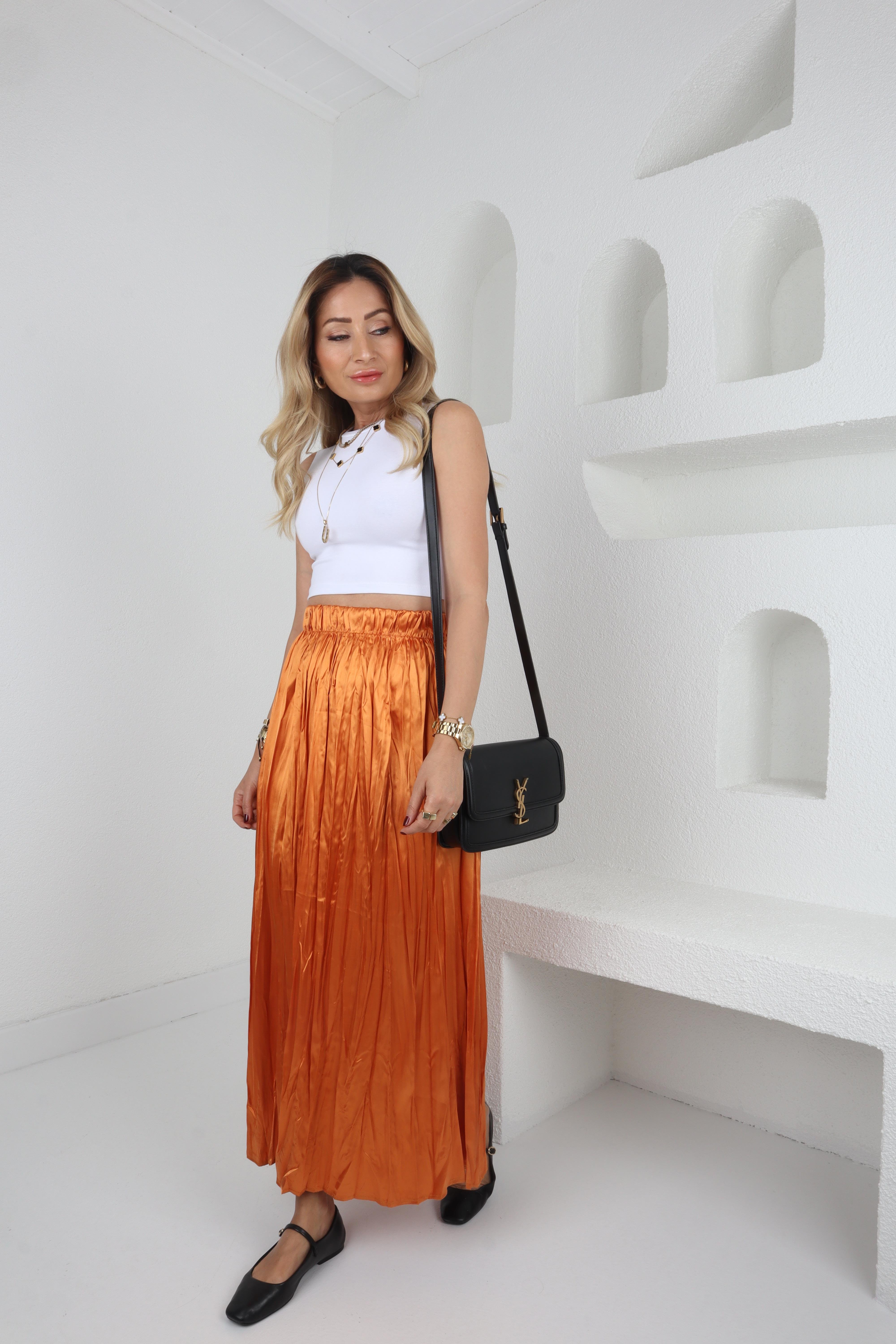 Beli Lastikli Pileli Turuncu Saten Etek ETEK