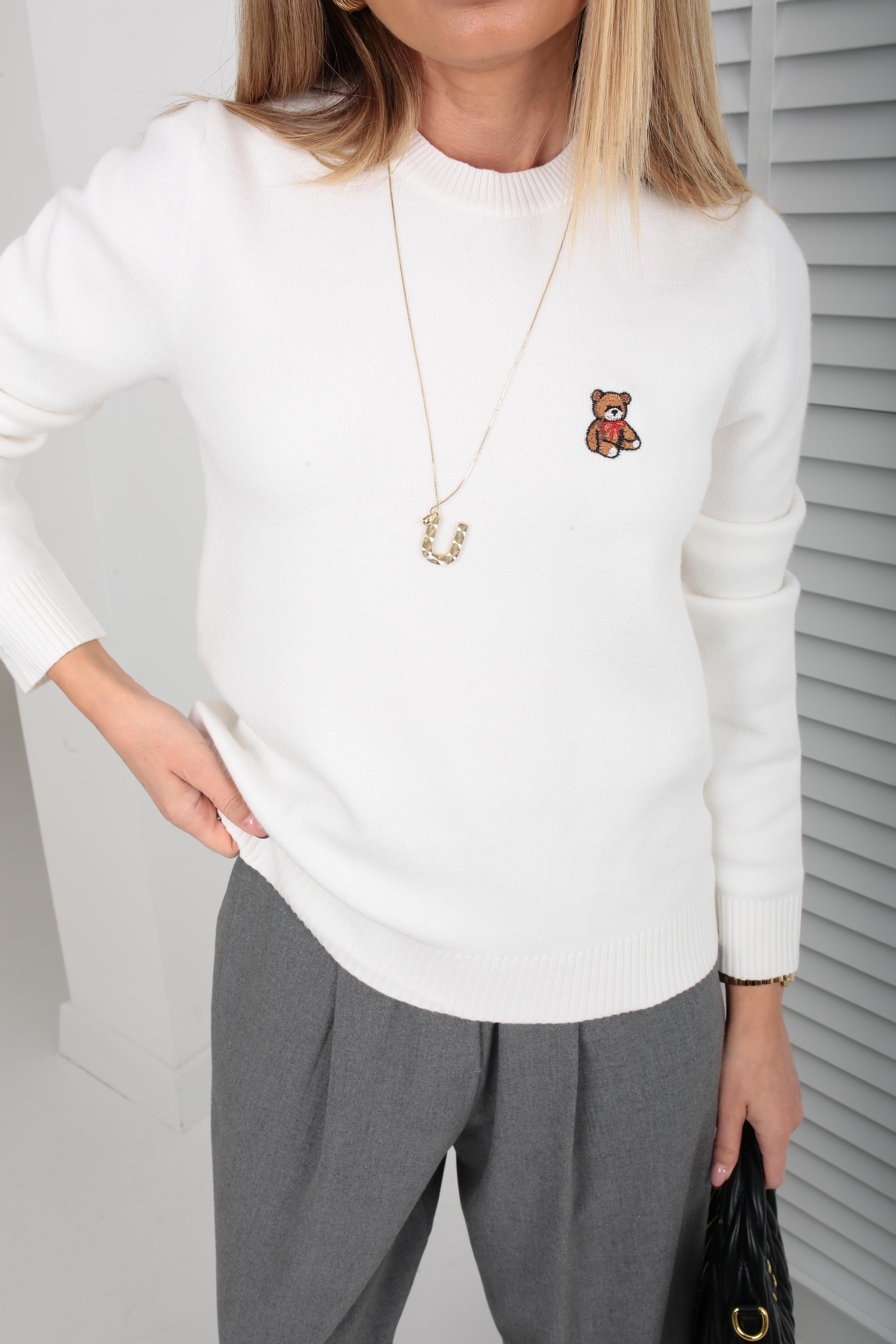 Beyaz Ayıcık Nakışlı Triko Kazak TRİKO VE KAZAK