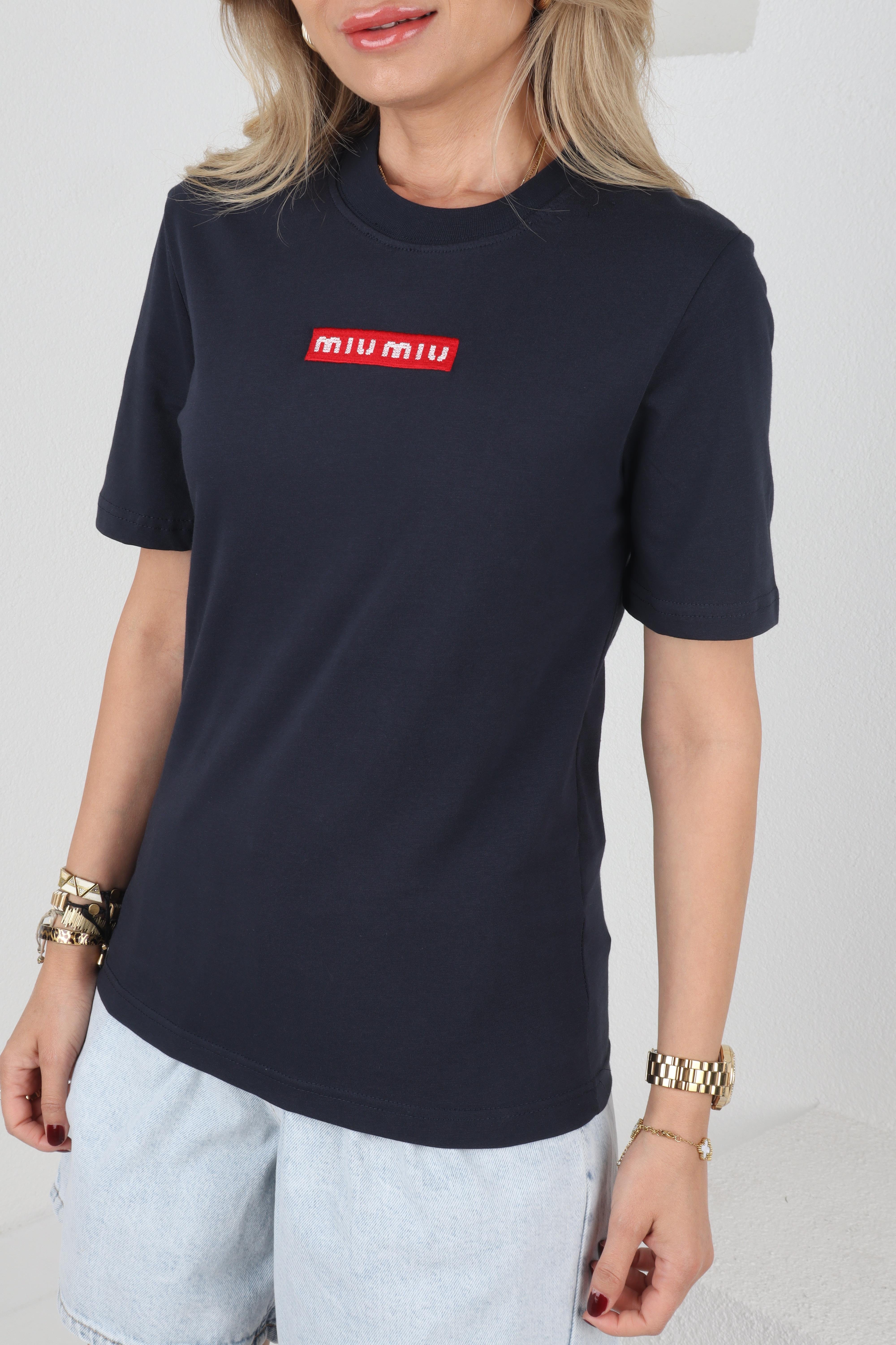 Bisiklet Yaka Dolgu Nakışlı Lacivert Tshirt T-SHİRT
