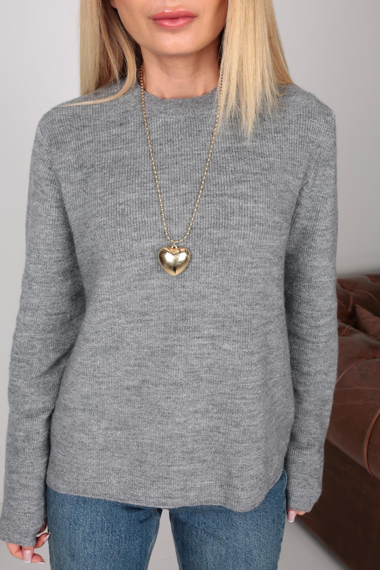 Bisiklet Yaka Gri İnce Triko Kazak TRİKO VE KAZAK