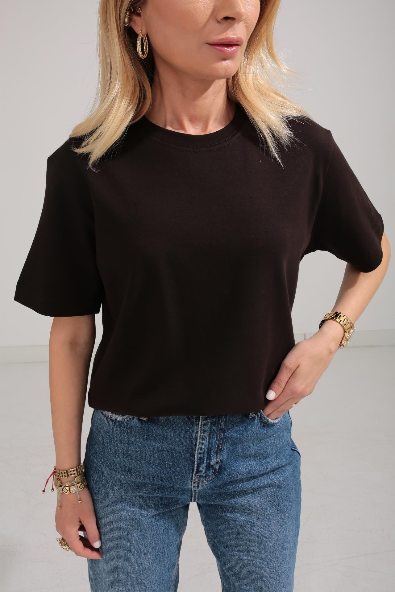 Bisiklet Yaka Kahve Basic Tshirt T-SHİRT | NO33